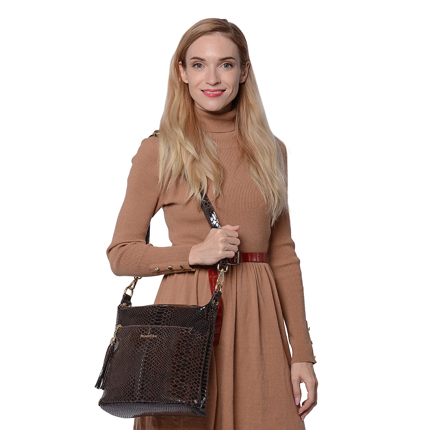 SENCILLEZ 100% Genuine Leather Snake Skin Pattern Crossbody Bag (27x11x29cm) - Black Colour