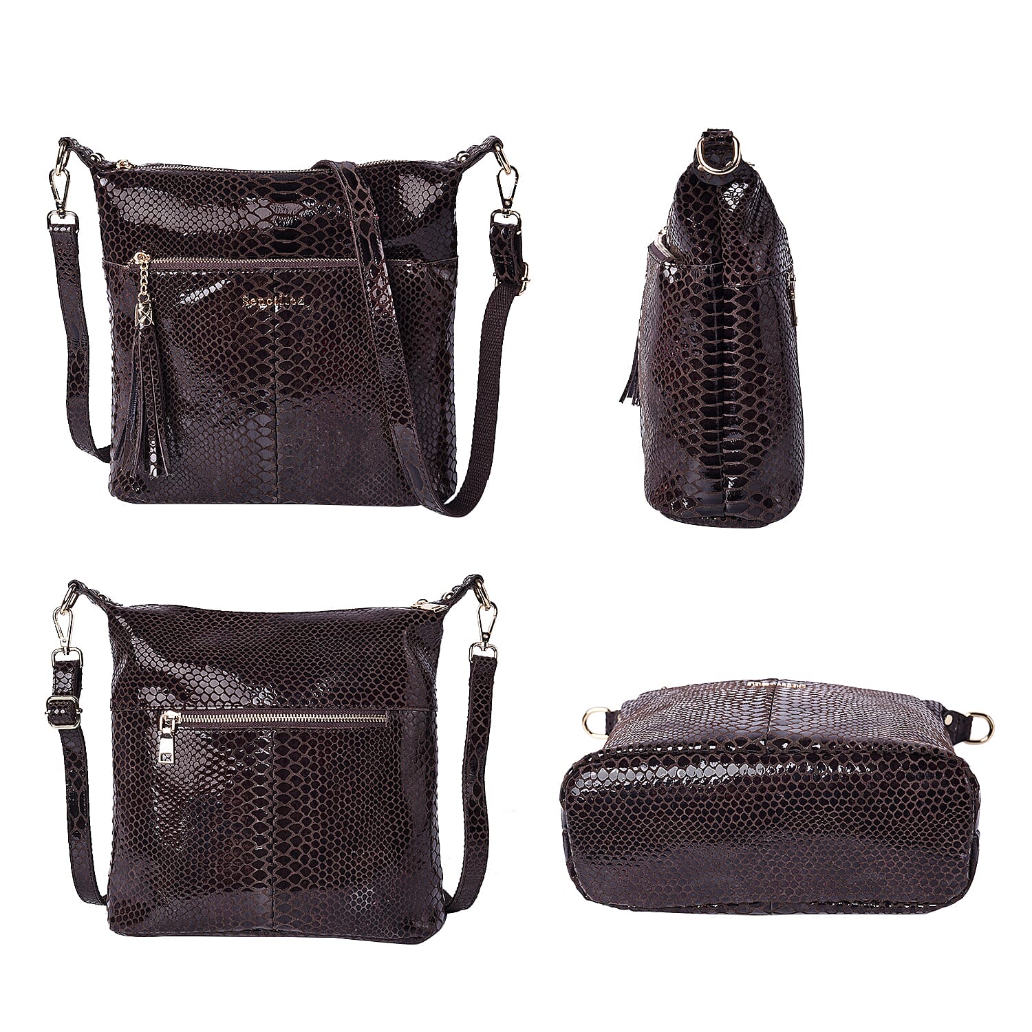SENCILLEZ 100% Genuine Leather Snake Skin Pattern Crossbody Bag (27x11x29cm) - Black Colour