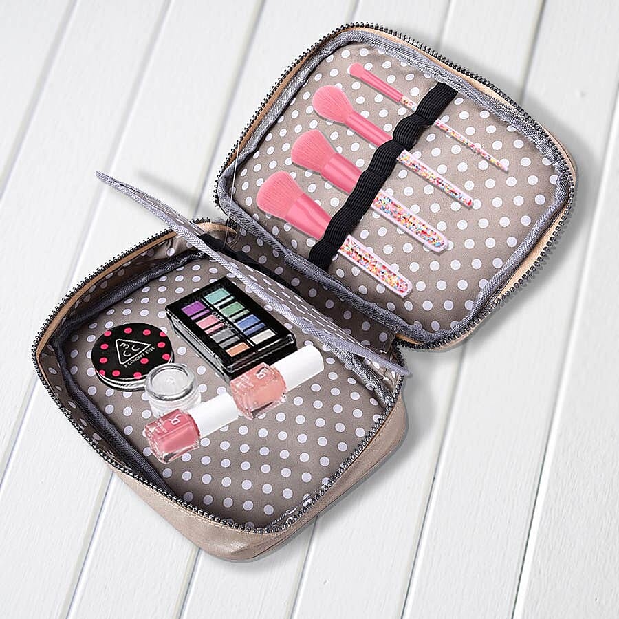 Portable Makeup Bag (Size 22x5x15x5cm) with Wrist Band Handle in Gold Colour