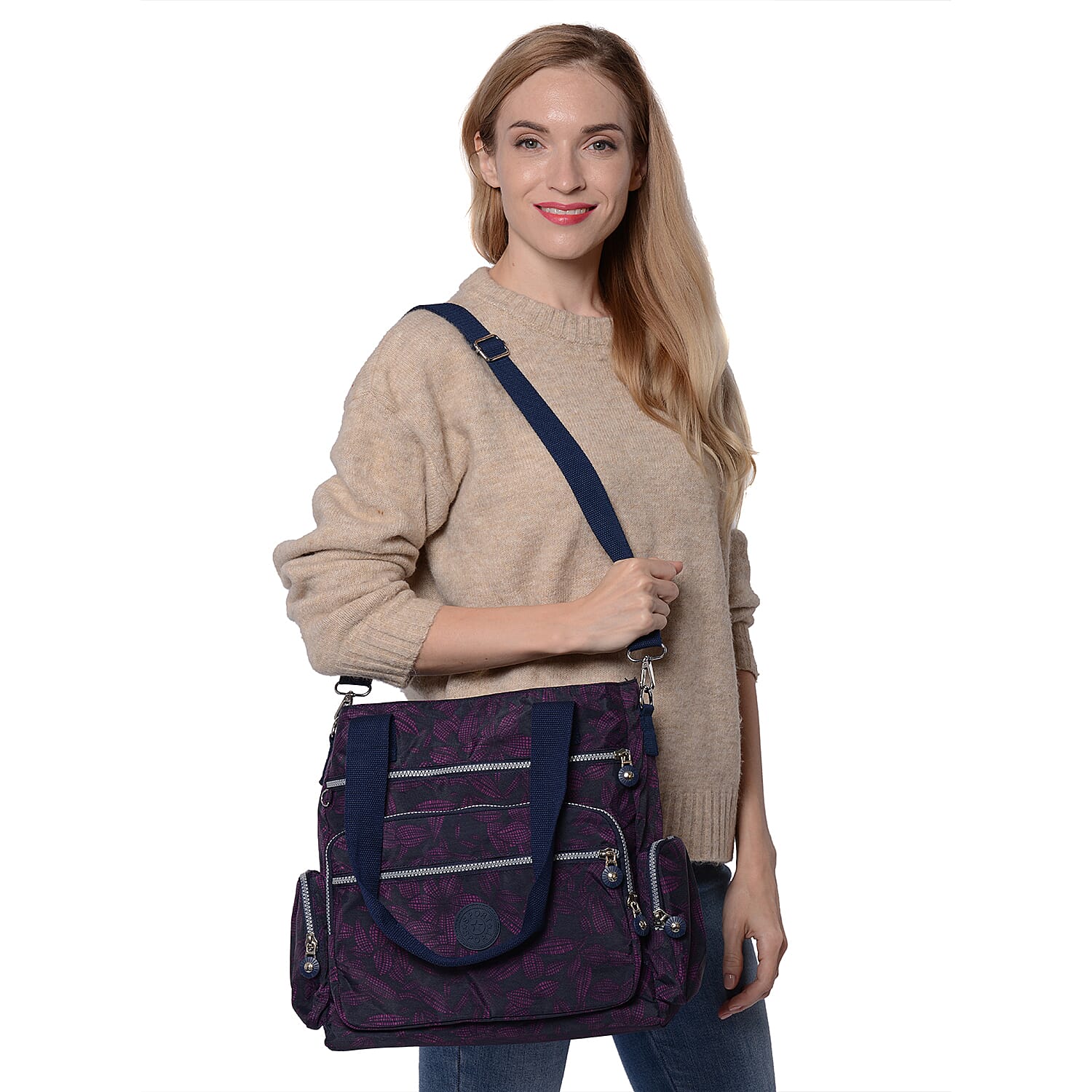 Multi-Pocket Floral Pattern Satchel Bag with Detachable Shoulder Strap (36x15x33cm) - Black