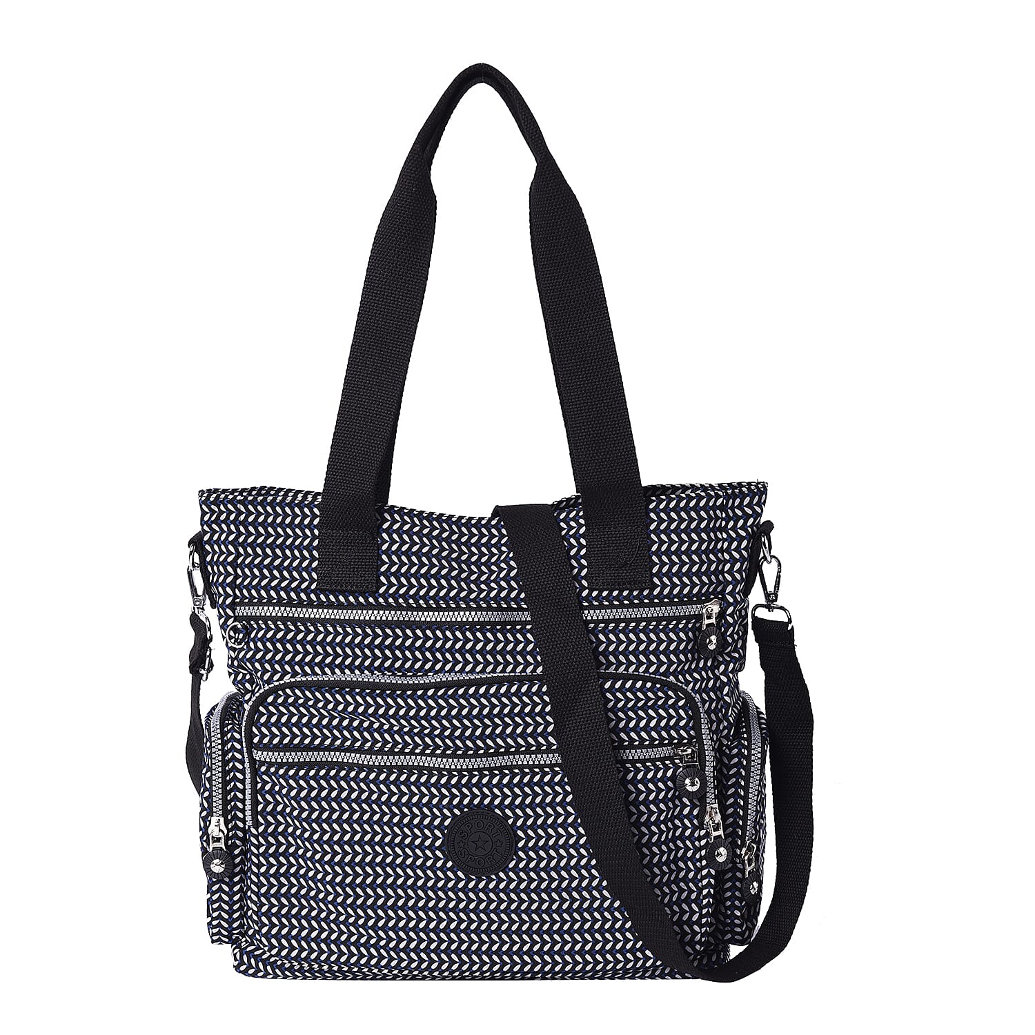 Multi-Pocket Leaf Pattern Satchel Bag with Detachable Shoulder Strap (36x15x33cm) - Navy