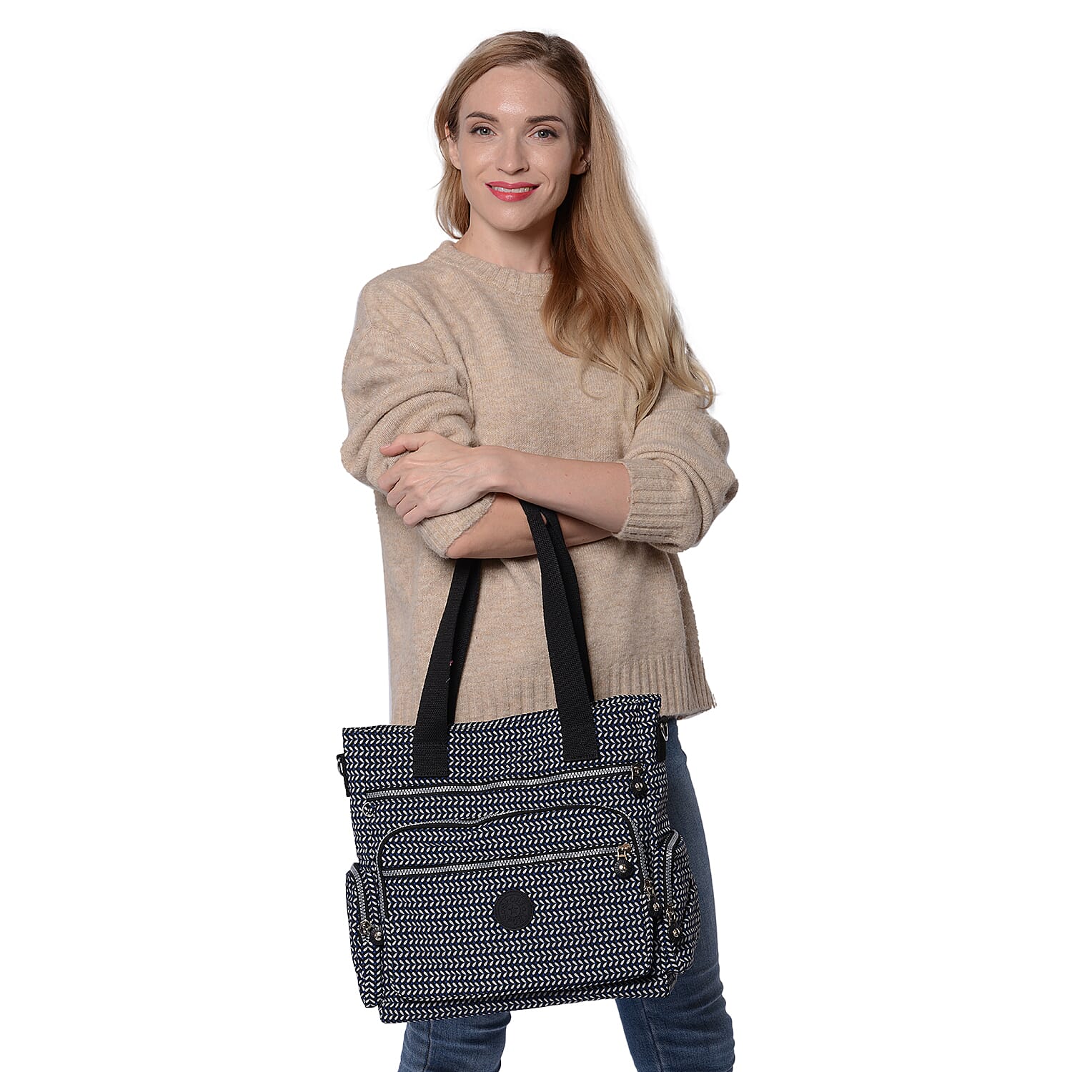 Multi-Pocket Leaf Pattern Satchel Bag with Detachable Shoulder Strap (36x15x33cm) - Navy