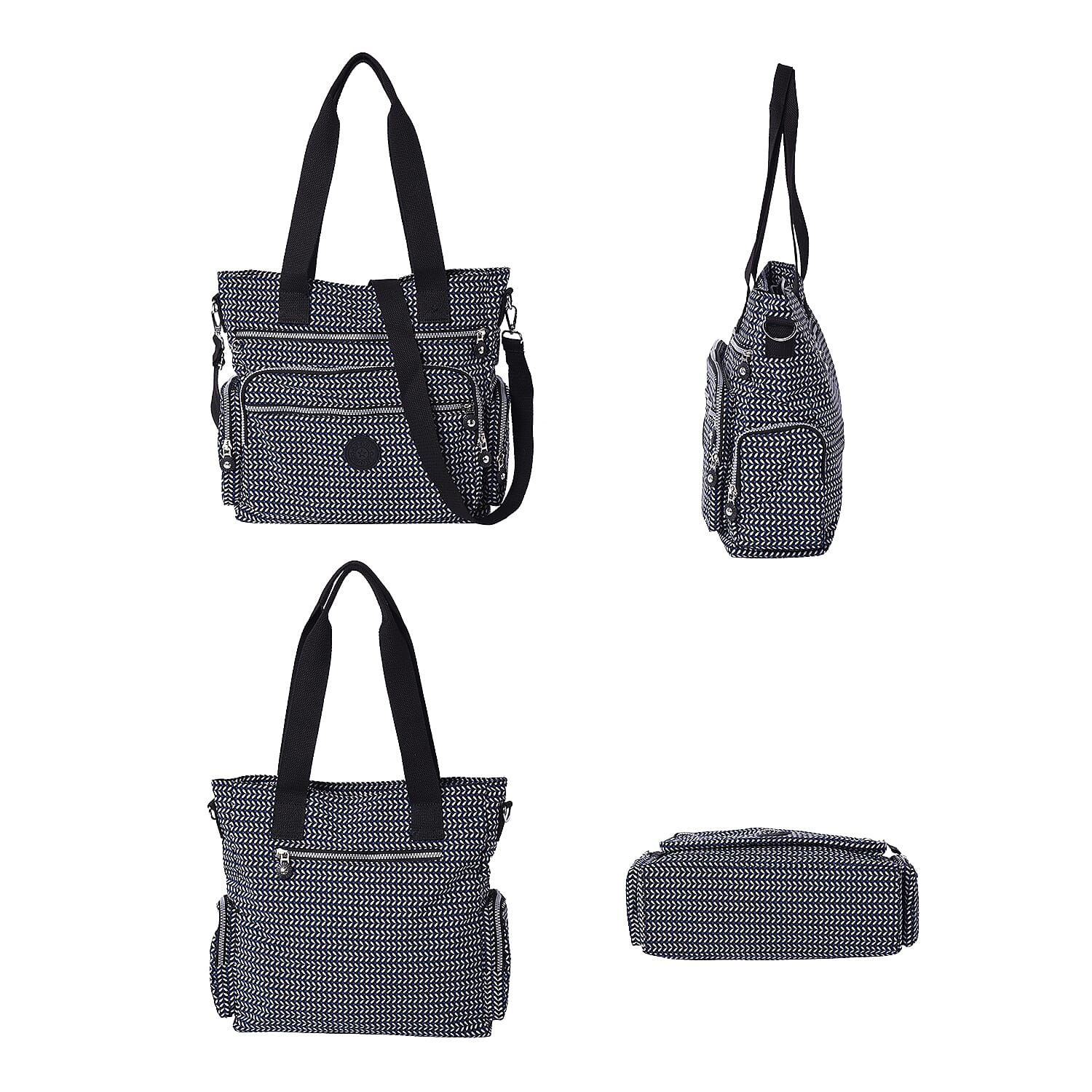 Multi-Pocket Leaf Pattern Satchel Bag with Detachable Shoulder Strap (36x15x33cm) - Navy