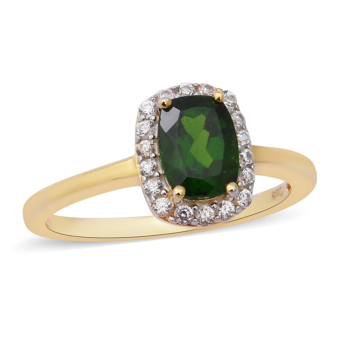 Chrome Diopside and Natural Cambodian White Zircon Halo Ring in Gold Overlay Sterling Silver 1.870  Ct.