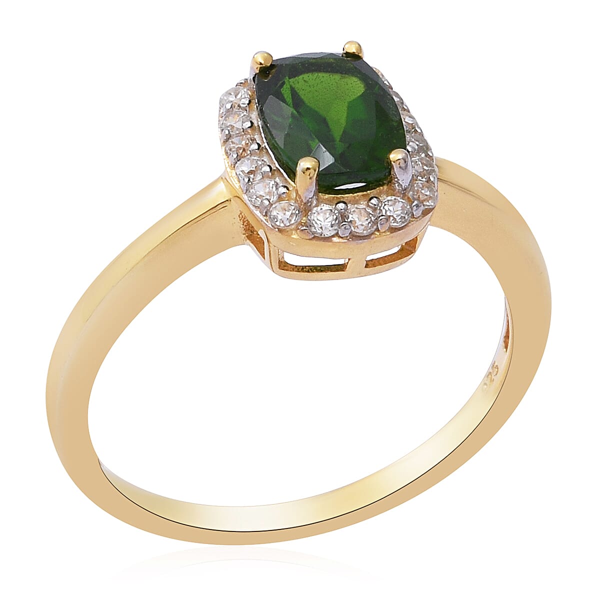 Chrome Diopside and Natural Cambodian White Zircon Halo Ring in Gold Overlay Sterling Silver 1.870  Ct.