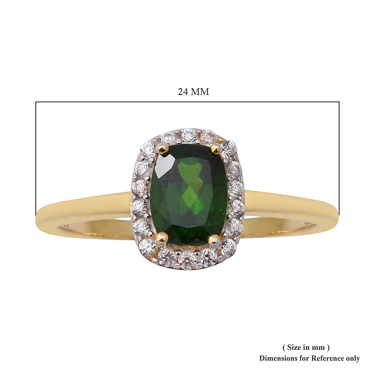 Chrome Diopside and Natural Cambodian White Zircon Halo Ring in Gold Overlay Sterling Silver 1.870  Ct.