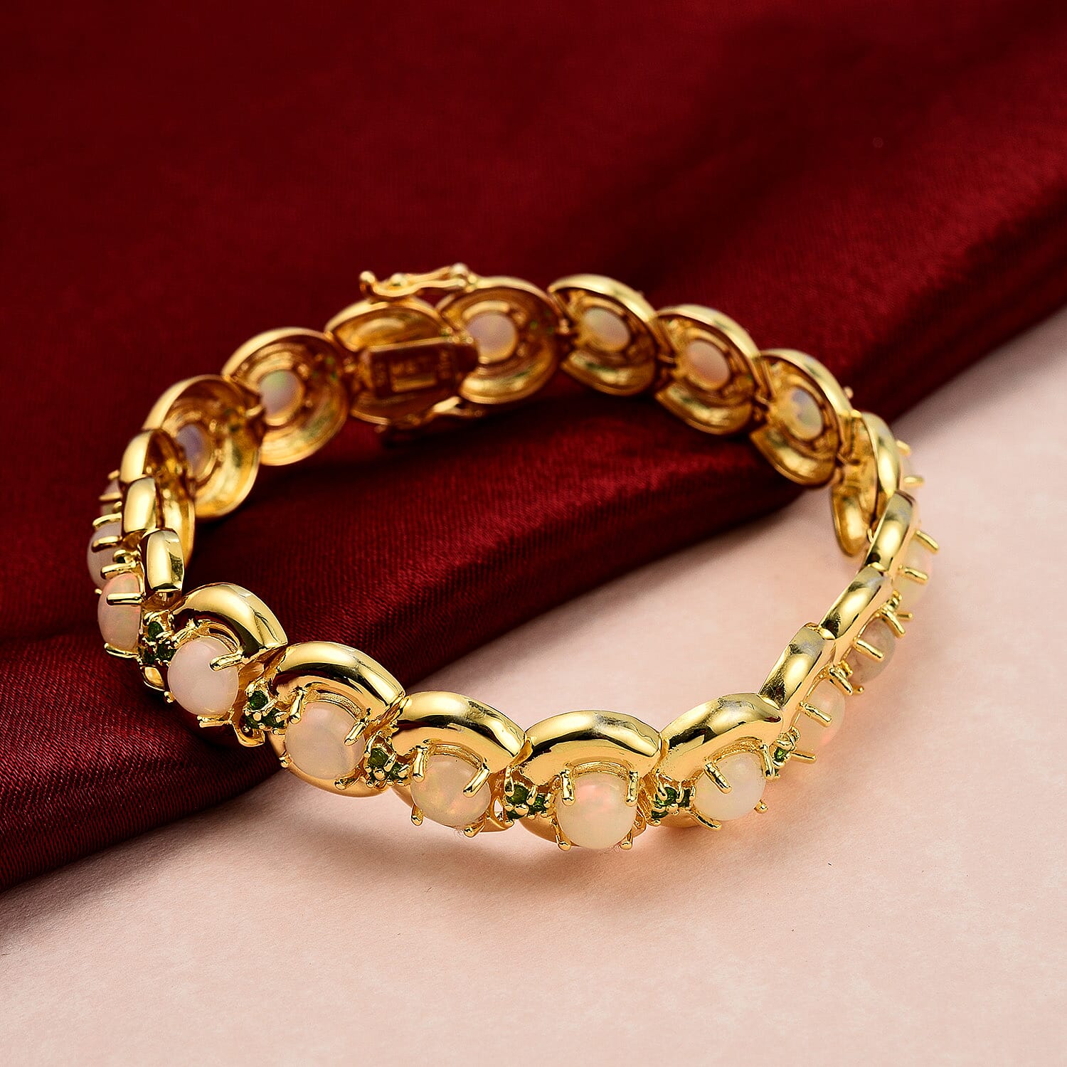 Ethiopian Welo Opal and Chrome Diopside Bracelet (Size 7) in Yellow Gold Vermeil Overlay Sterling Silver 10.15 Ct, Silver Wt. 22.97 Gms