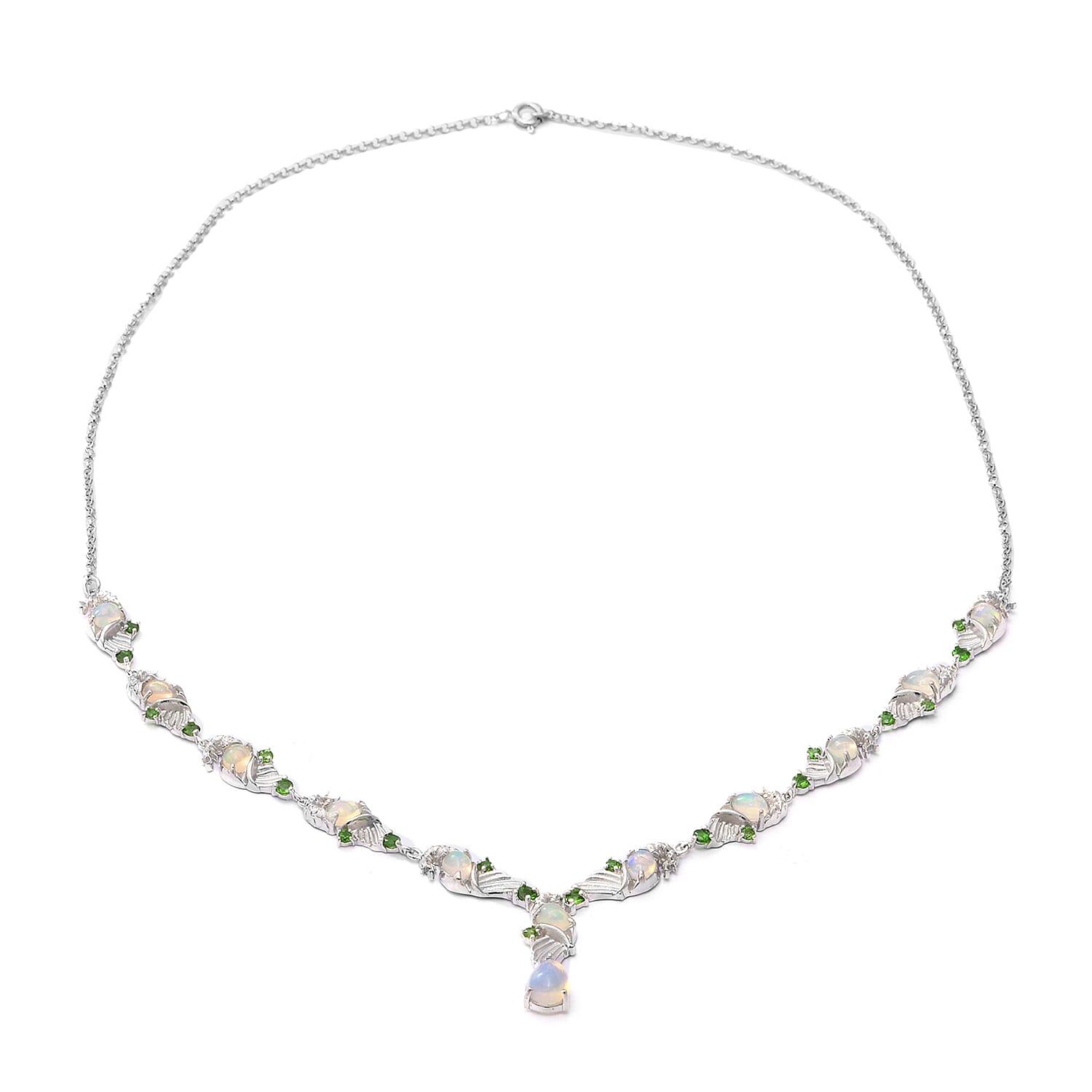 Ethiopian Welo Opal and Chrome Diopside Necklace (Size 19) in Rhodium Overlay Sterling Silver 4.44 Ct, Silver Wt. 12.00 Gms