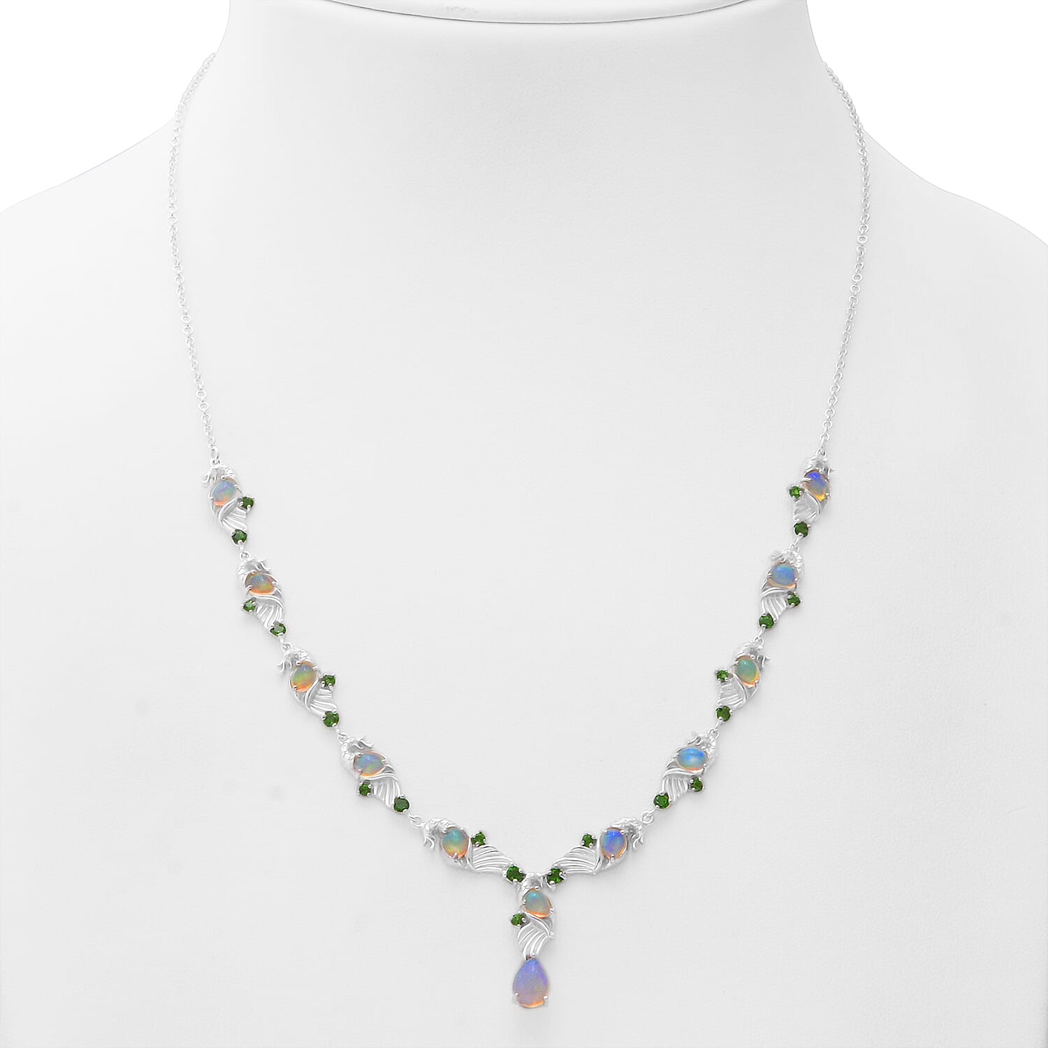 Ethiopian Welo Opal and Chrome Diopside Necklace (Size 19) in Rhodium Overlay Sterling Silver 4.44 Ct, Silver Wt. 12.00 Gms