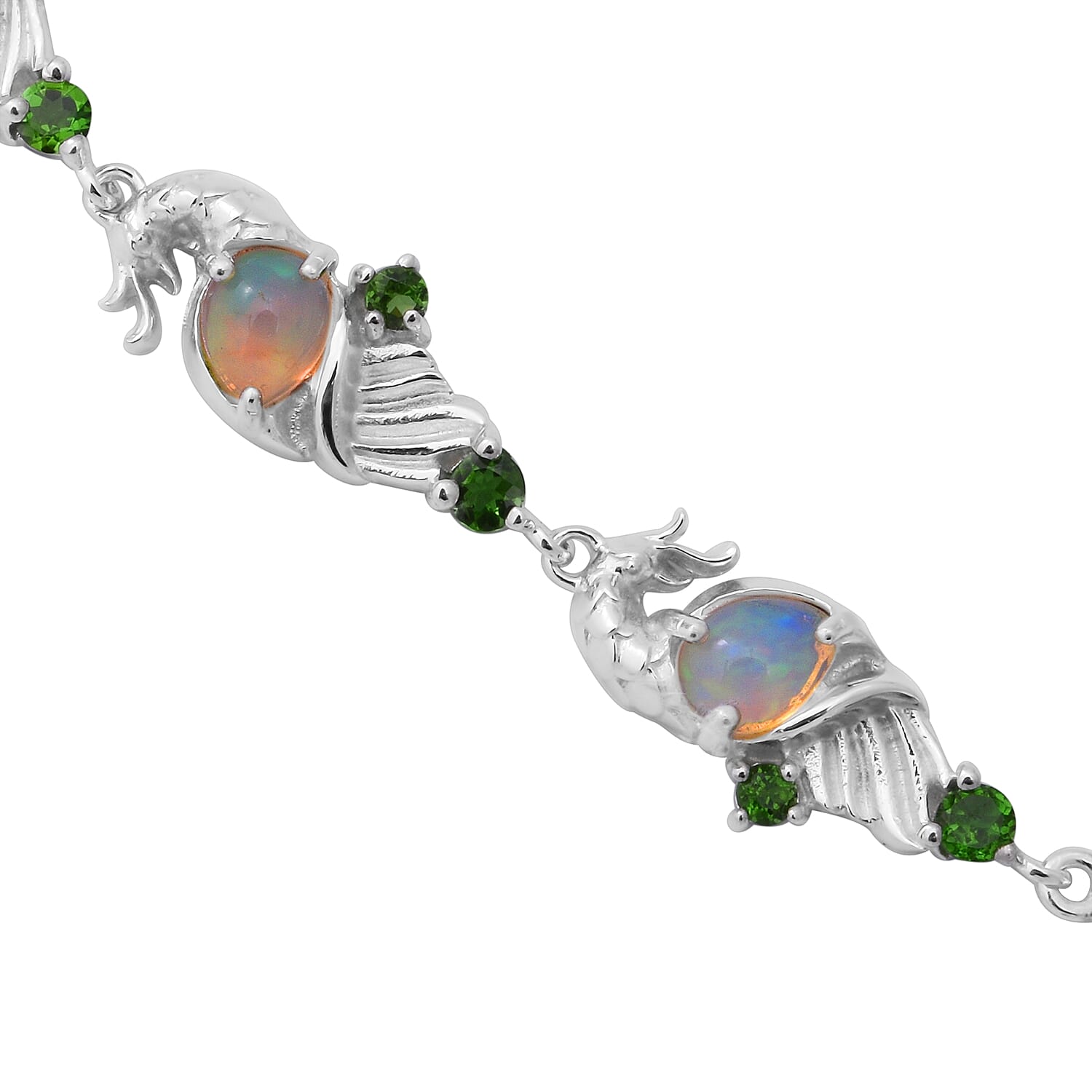 Ethiopian Welo Opal and Chrome Diopside Necklace (Size 19) in Rhodium Overlay Sterling Silver 4.44 Ct, Silver Wt. 12.00 Gms