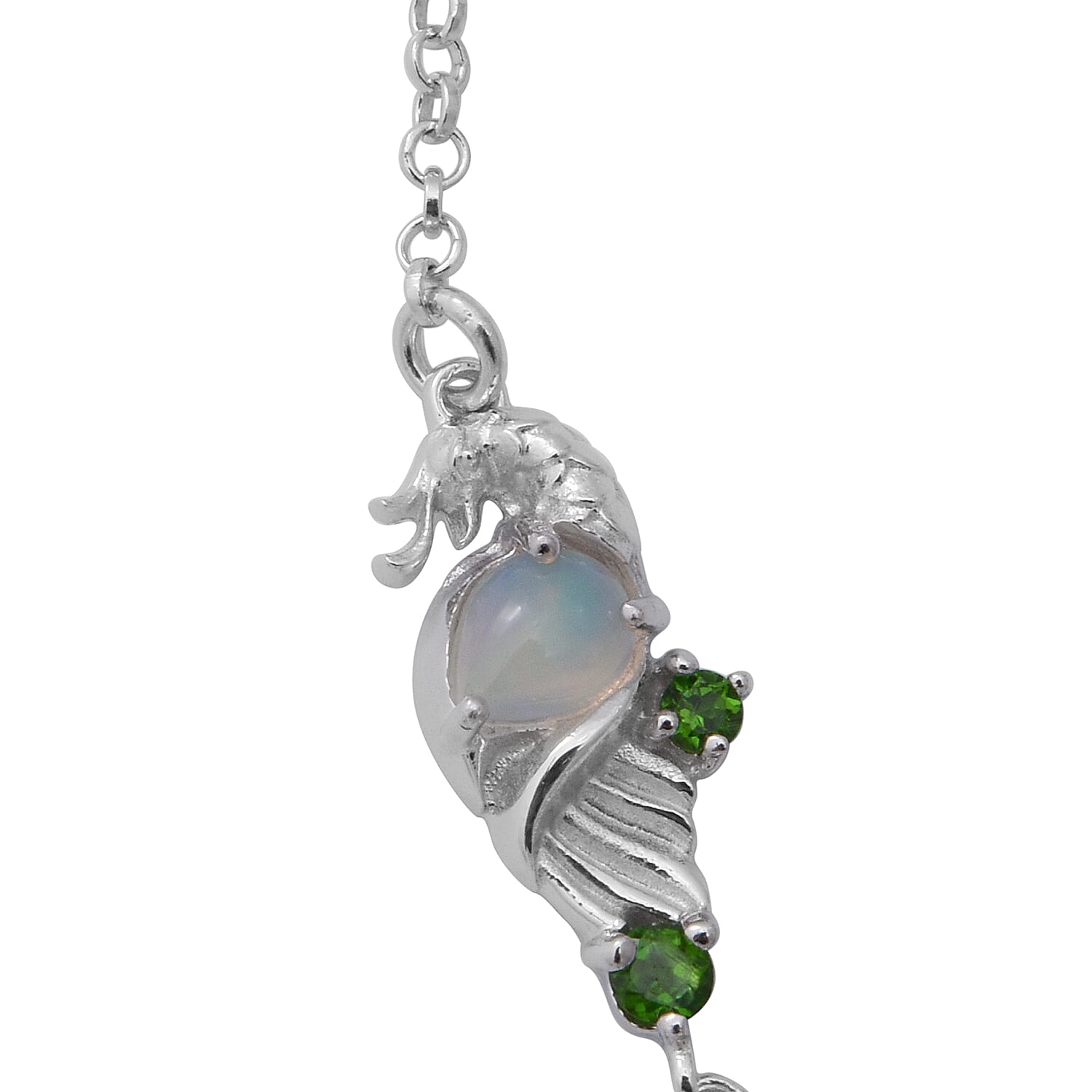 Ethiopian Welo Opal and Chrome Diopside Necklace (Size 19) in Rhodium Overlay Sterling Silver 4.44 Ct, Silver Wt. 12.00 Gms