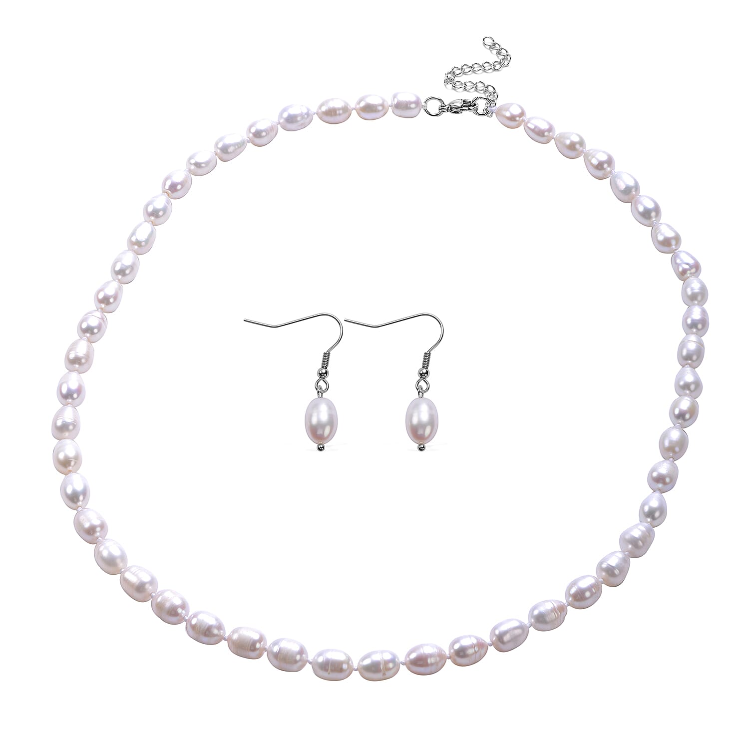 One Time Deal- 2 Piece Set Fresh Water Pearl Earrings and Necklace (Size 20 with 2 inch Extender) in Stainless Steel - White
