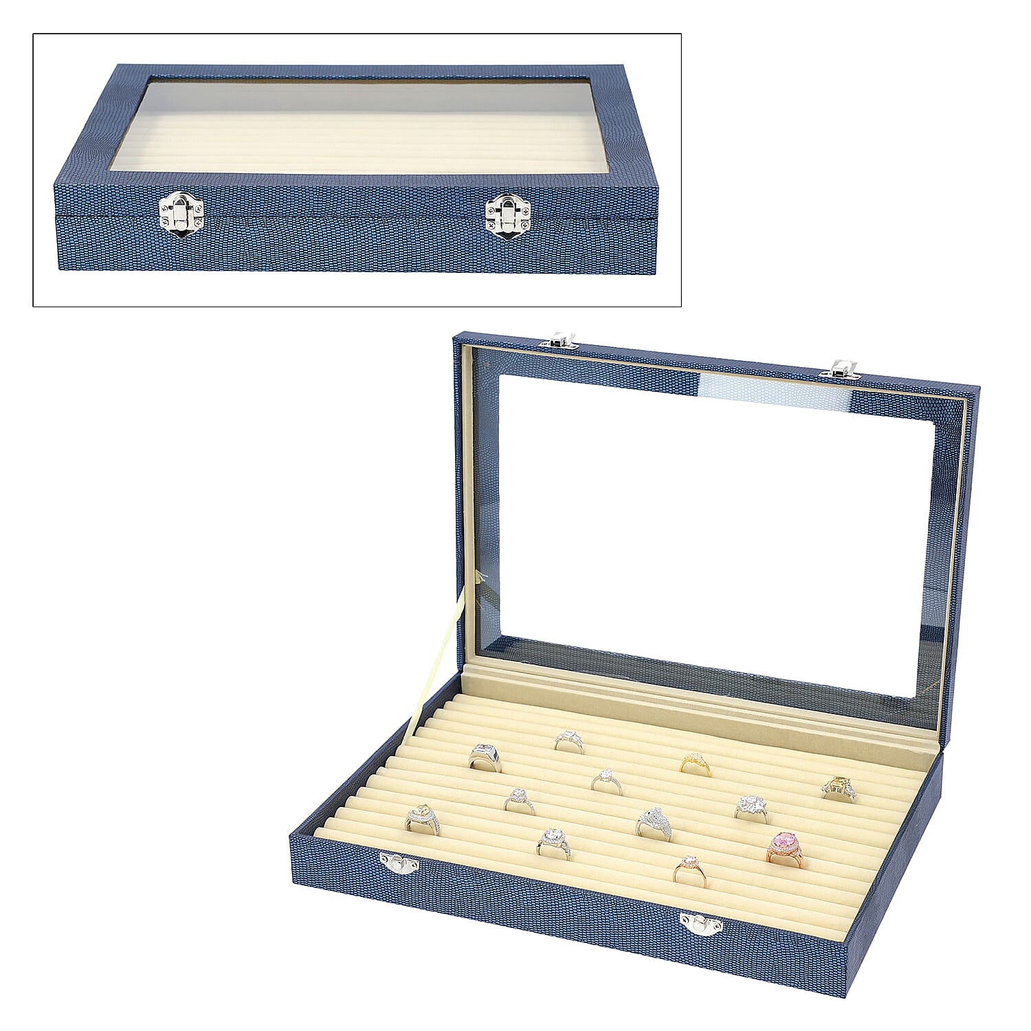 150 Slot Ring and Earrings Box with Acrylic Window and Anti Tarnish Lining Trinket Jewellery Organiser (Size 35x24x5 Cm) - Blue