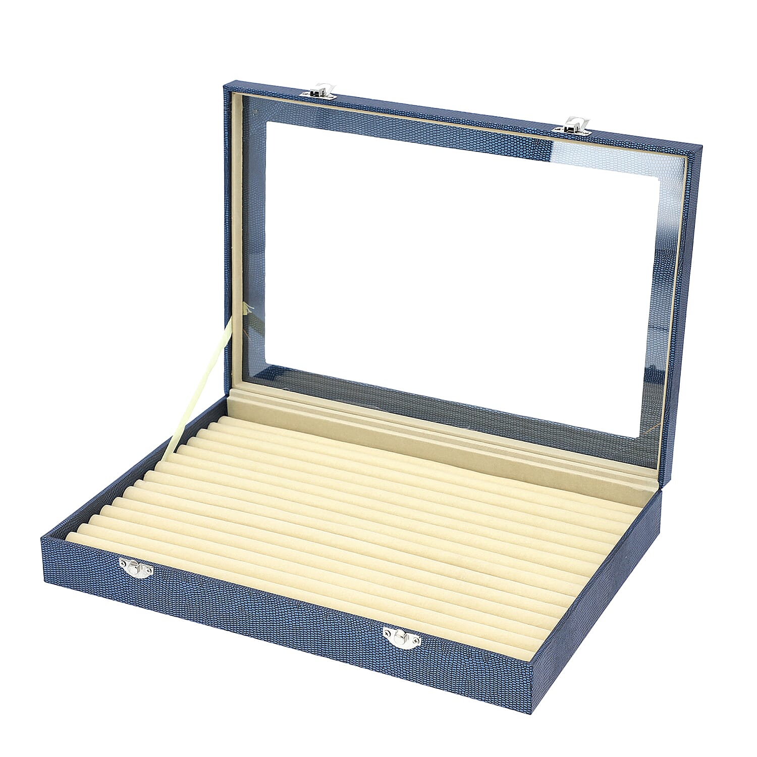 150 Slot Ring and Earrings Box with Acrylic Window and Anti Tarnish Lining Trinket Jewellery Organiser (Size 35x24x5 Cm) - Blue