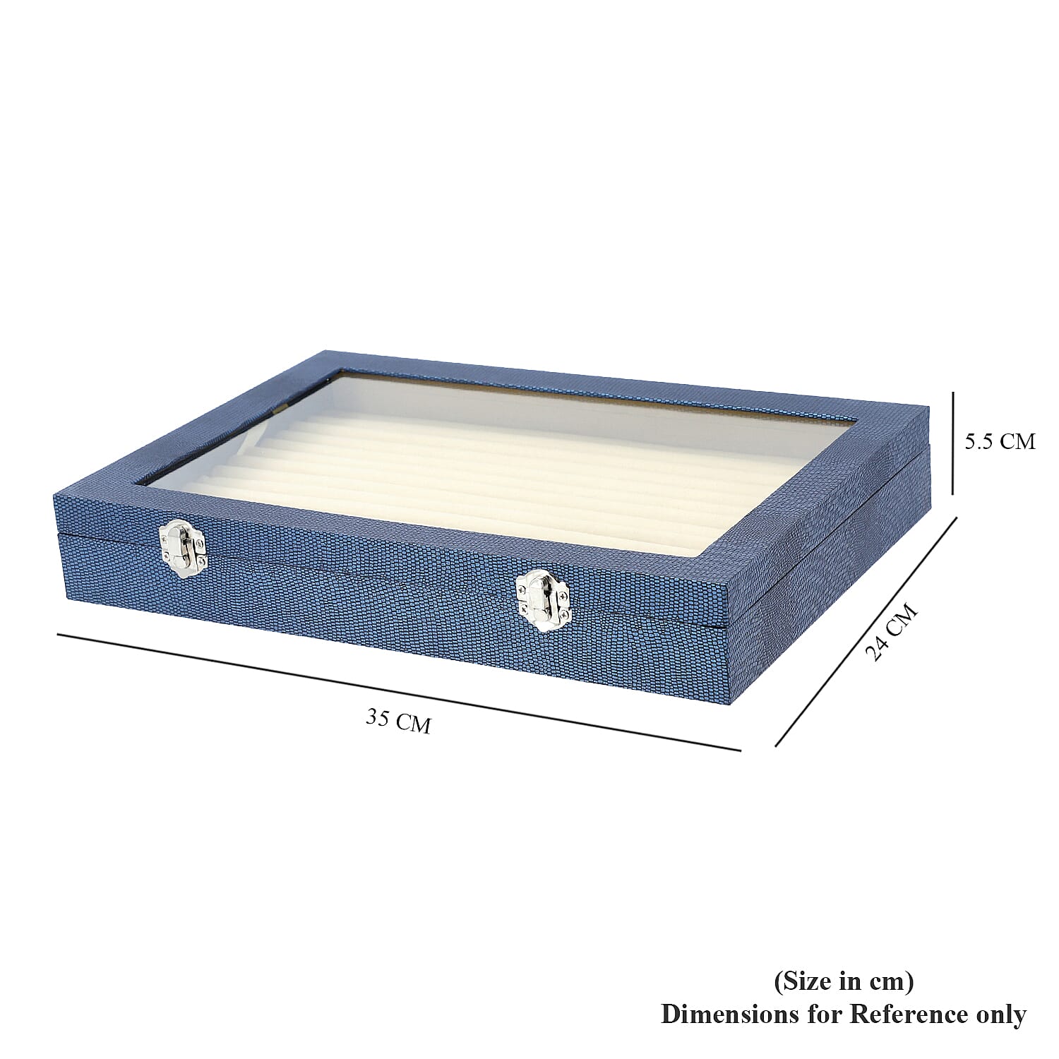 150 Slot Ring and Earrings Box with Acrylic Window and Anti Tarnish Lining Trinket Jewellery Organiser (Size 35x24x5 Cm) - Blue