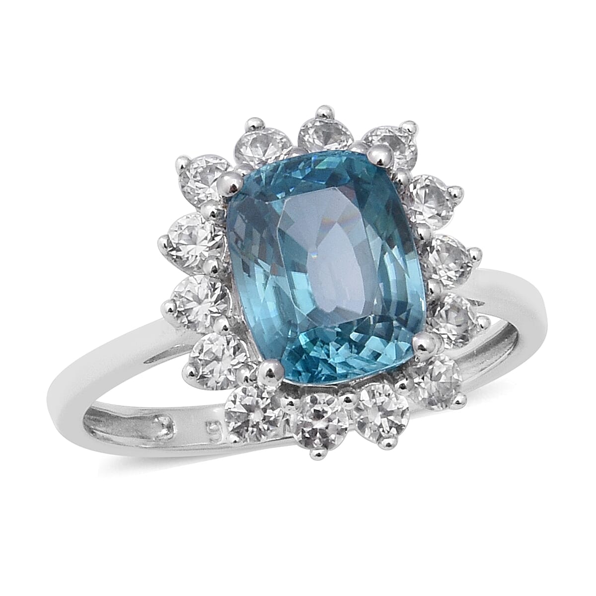 9K White Gold Ratanakiri Blue Zircon and Natural Cambodian Zircon Ring 4.43 Ct.