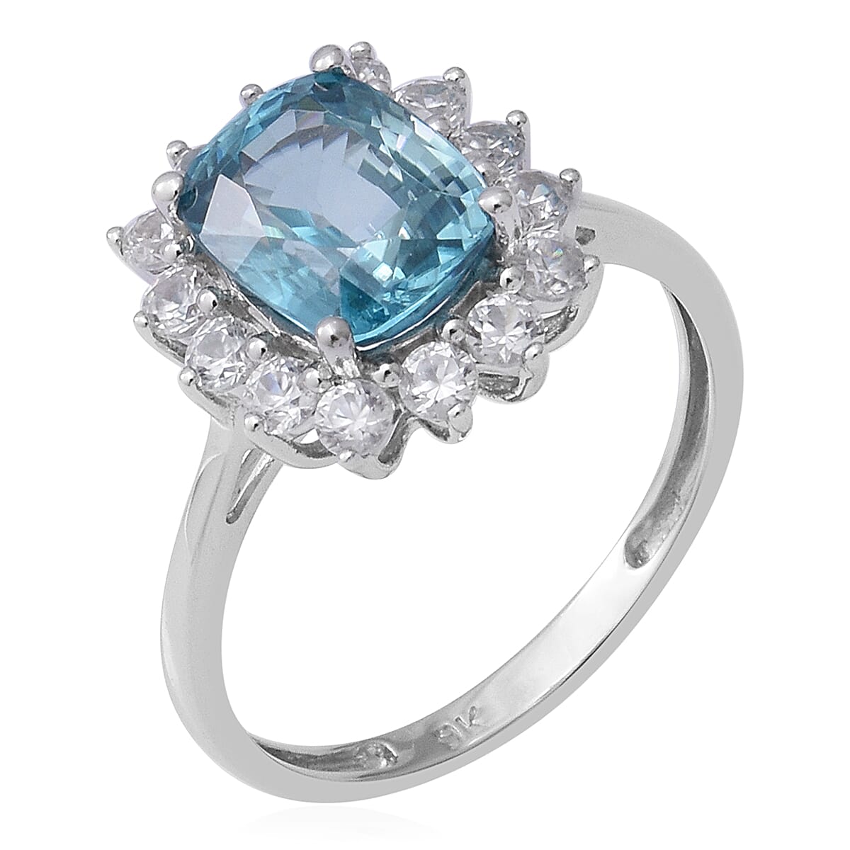 9K White Gold Ratanakiri Blue Zircon and Natural Cambodian Zircon Ring 4.43 Ct.