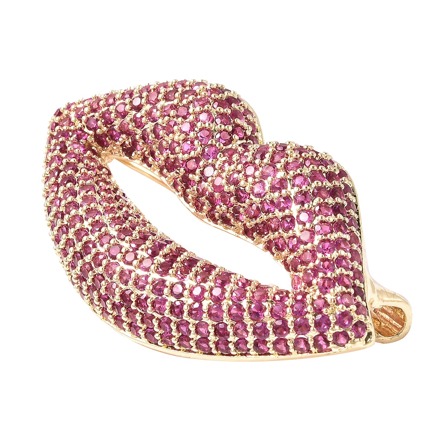 Simulated Ruby Lips Brooch in Yellow Gold Tone
