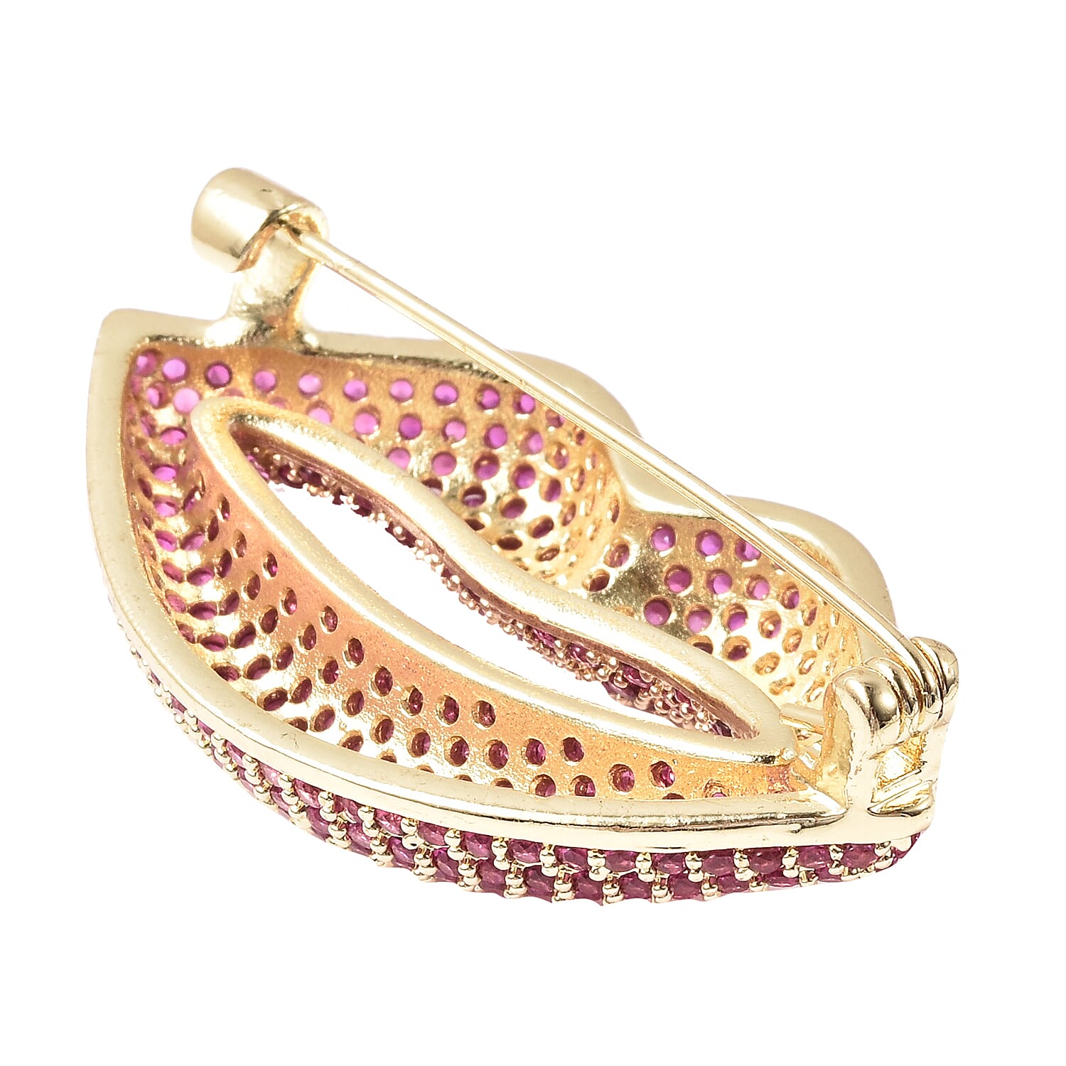 Simulated Ruby Lips Brooch in Yellow Gold Tone