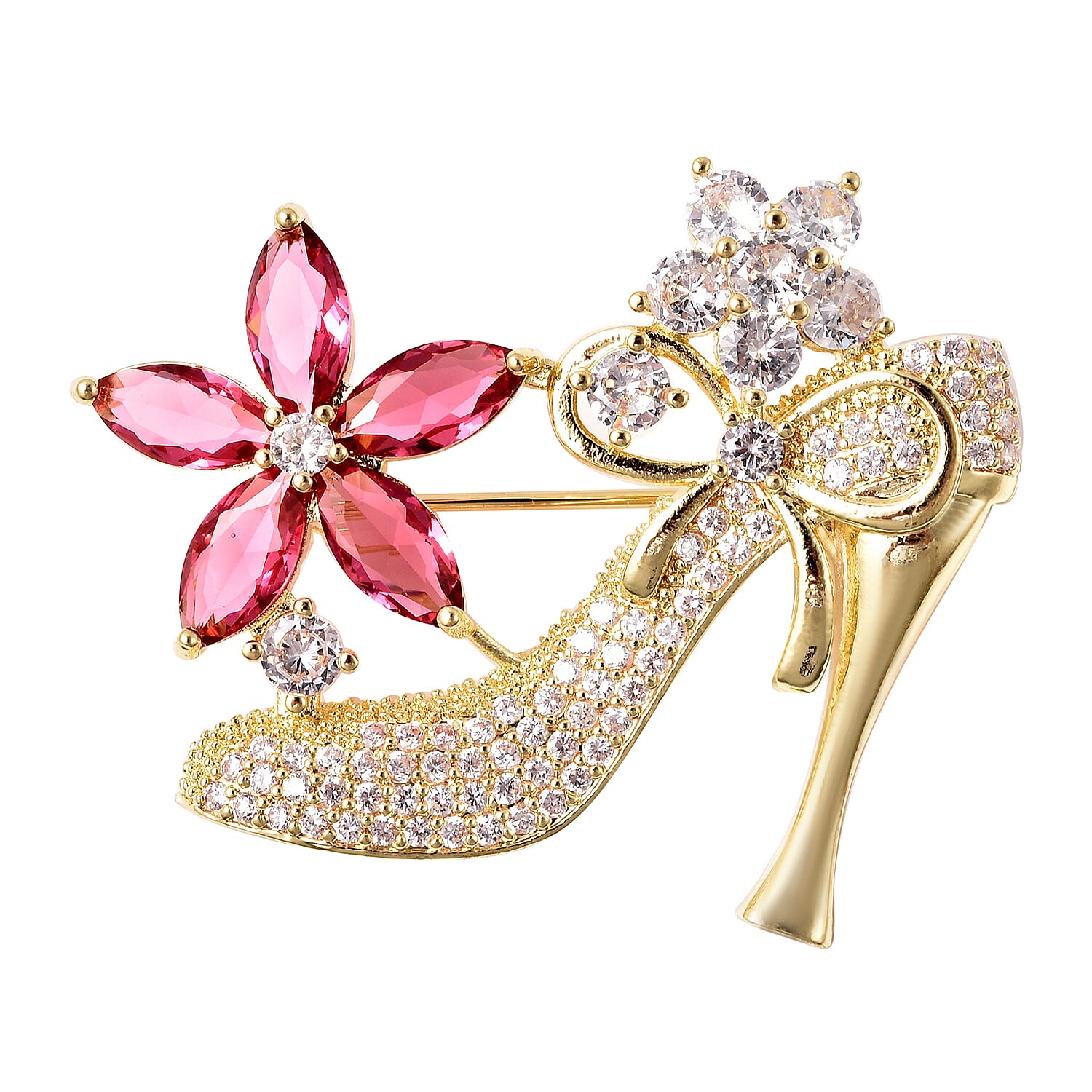 Simulated Diamond and Simulated Pink Sapphire Heel Brooch or Pendant in Gold Tone