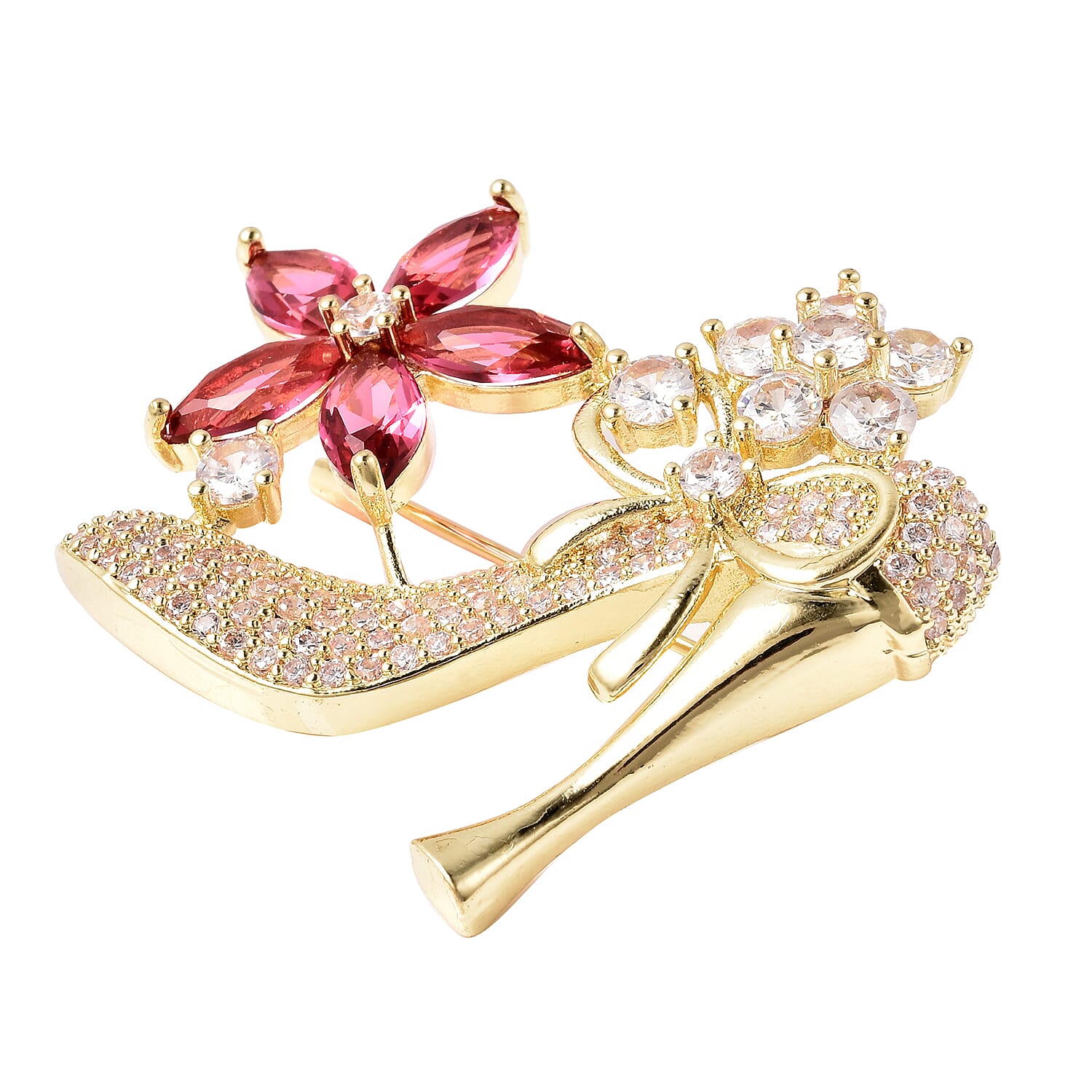 Simulated Diamond and Simulated Pink Sapphire Heel Brooch or Pendant in Gold Tone