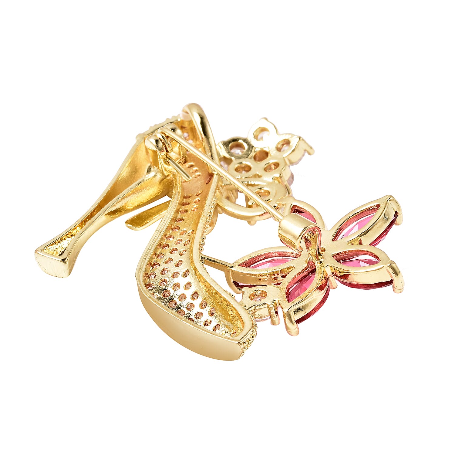 Simulated Diamond and Simulated Pink Sapphire Heel Brooch or Pendant in Gold Tone