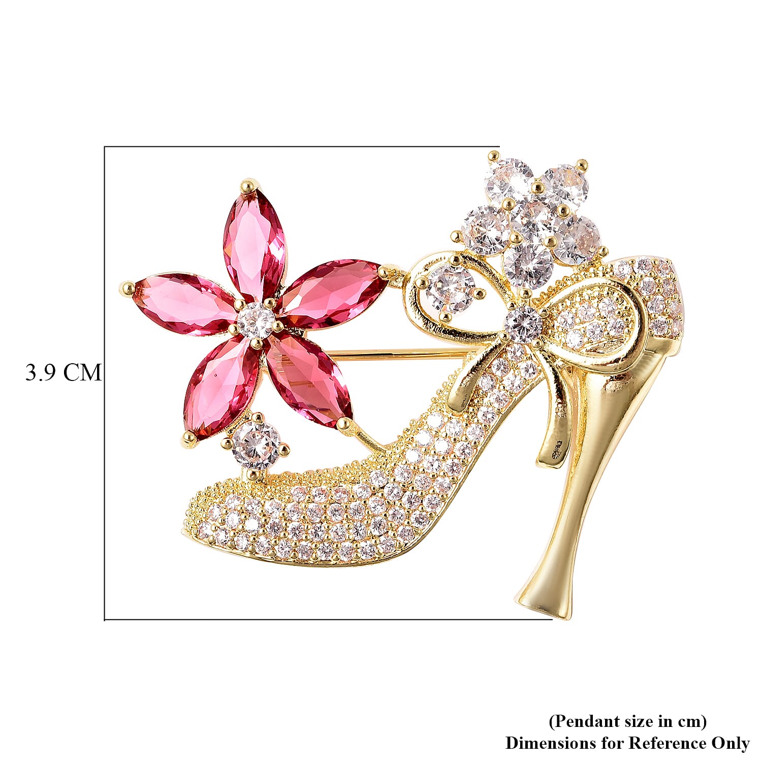 Simulated Diamond and Simulated Pink Sapphire Heel Brooch or Pendant in Gold Tone