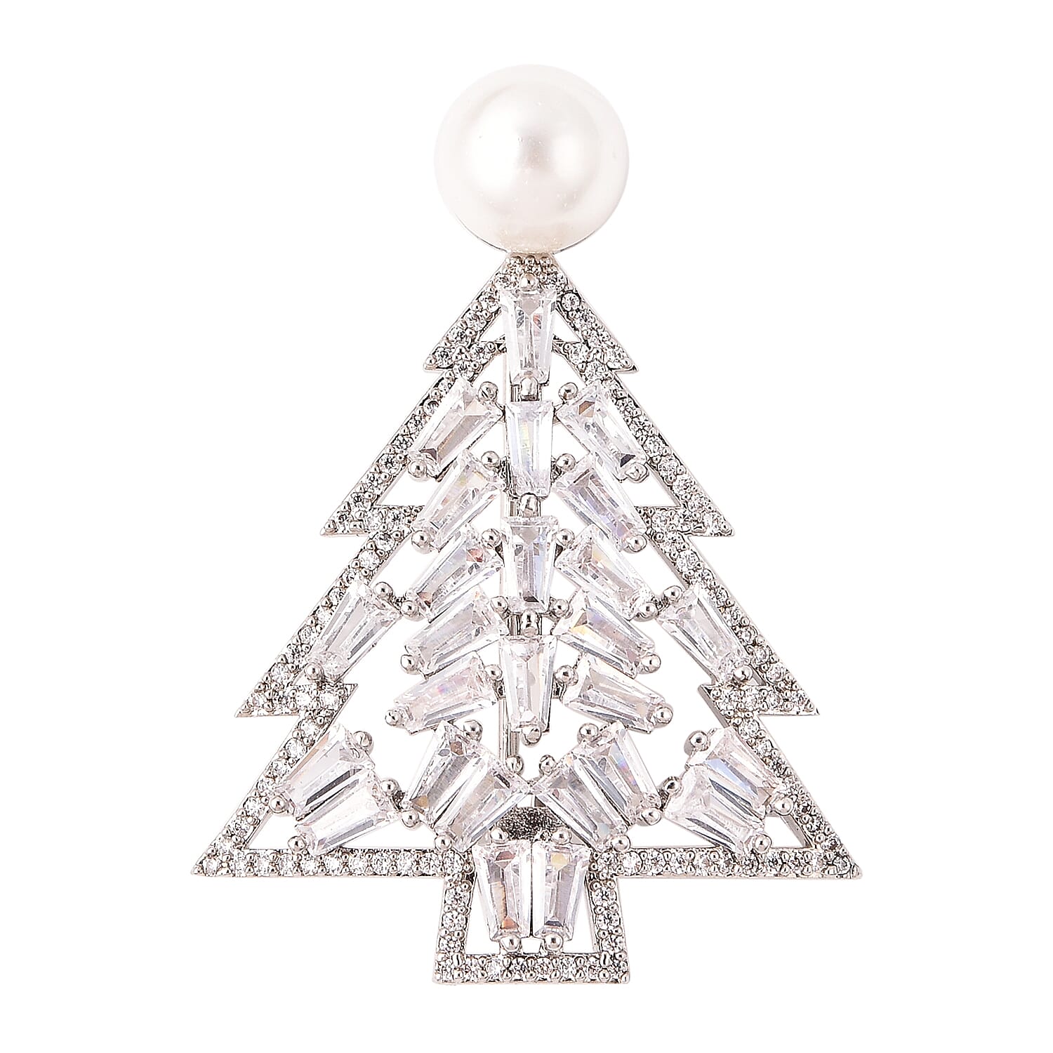 Simulated Diamond and White Shell Pearl Christmas Tree Brooch in Silver Tone