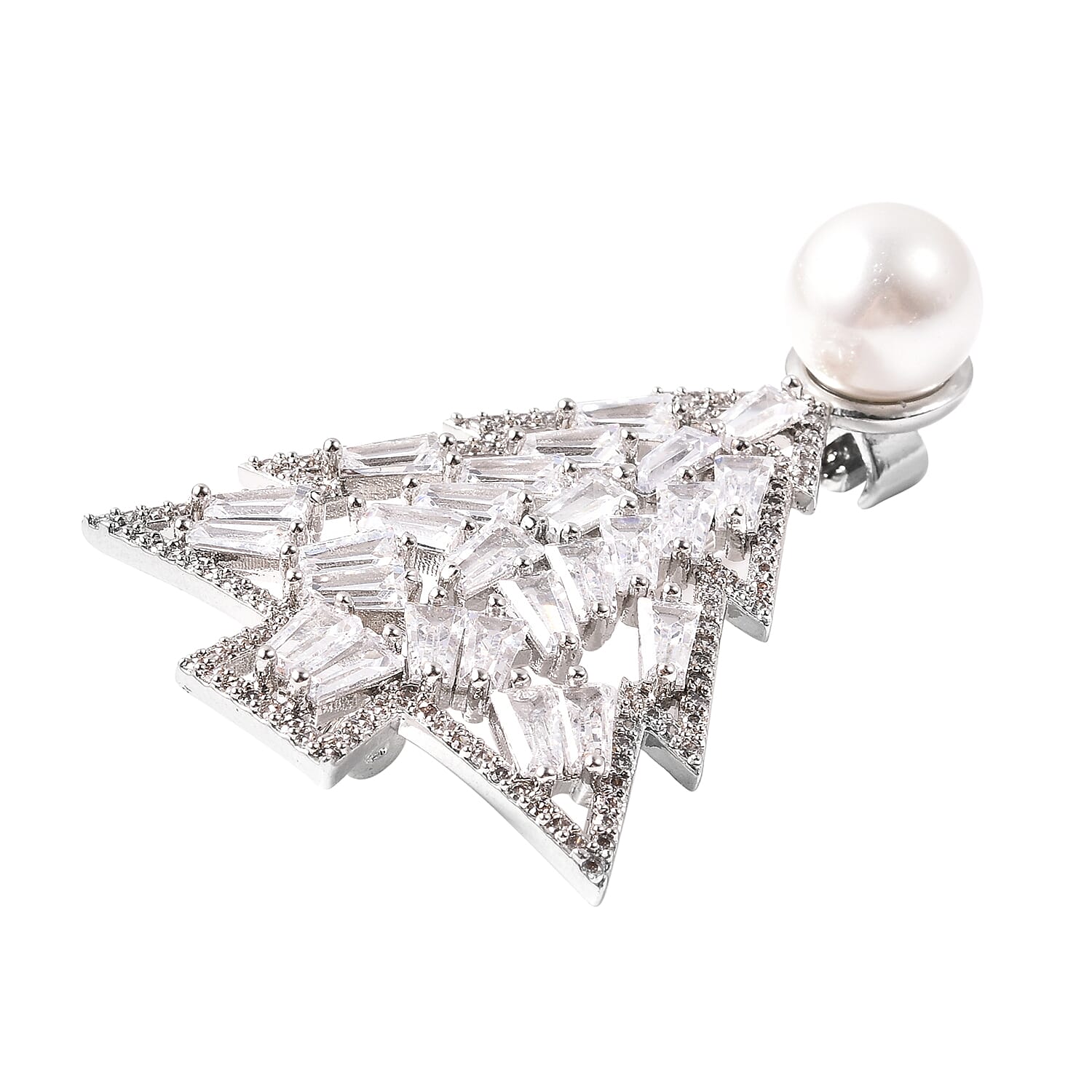 Simulated Diamond and White Shell Pearl Christmas Tree Brooch in Silver Tone