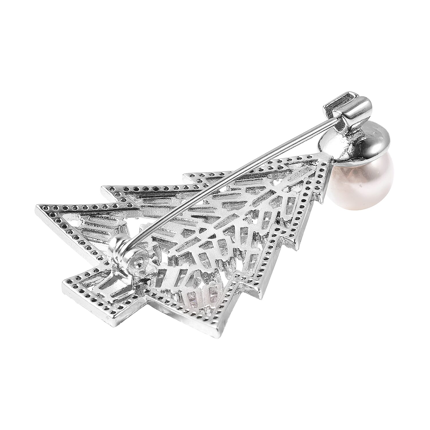 Simulated Diamond and White Shell Pearl Christmas Tree Brooch in Silver Tone