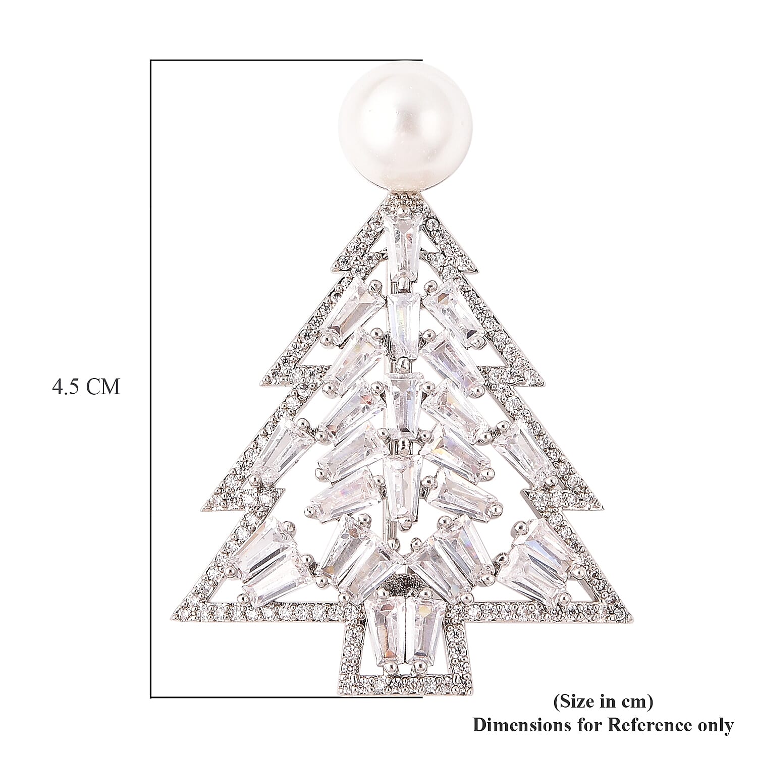 Simulated Diamond and White Shell Pearl Christmas Tree Brooch in Silver Tone