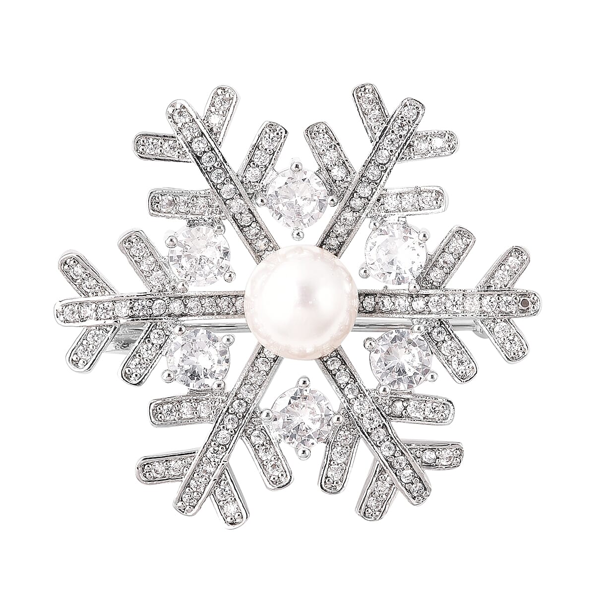 Simulated Diamond and White Shell Pearl Snowflake Brooch in Silver Tone