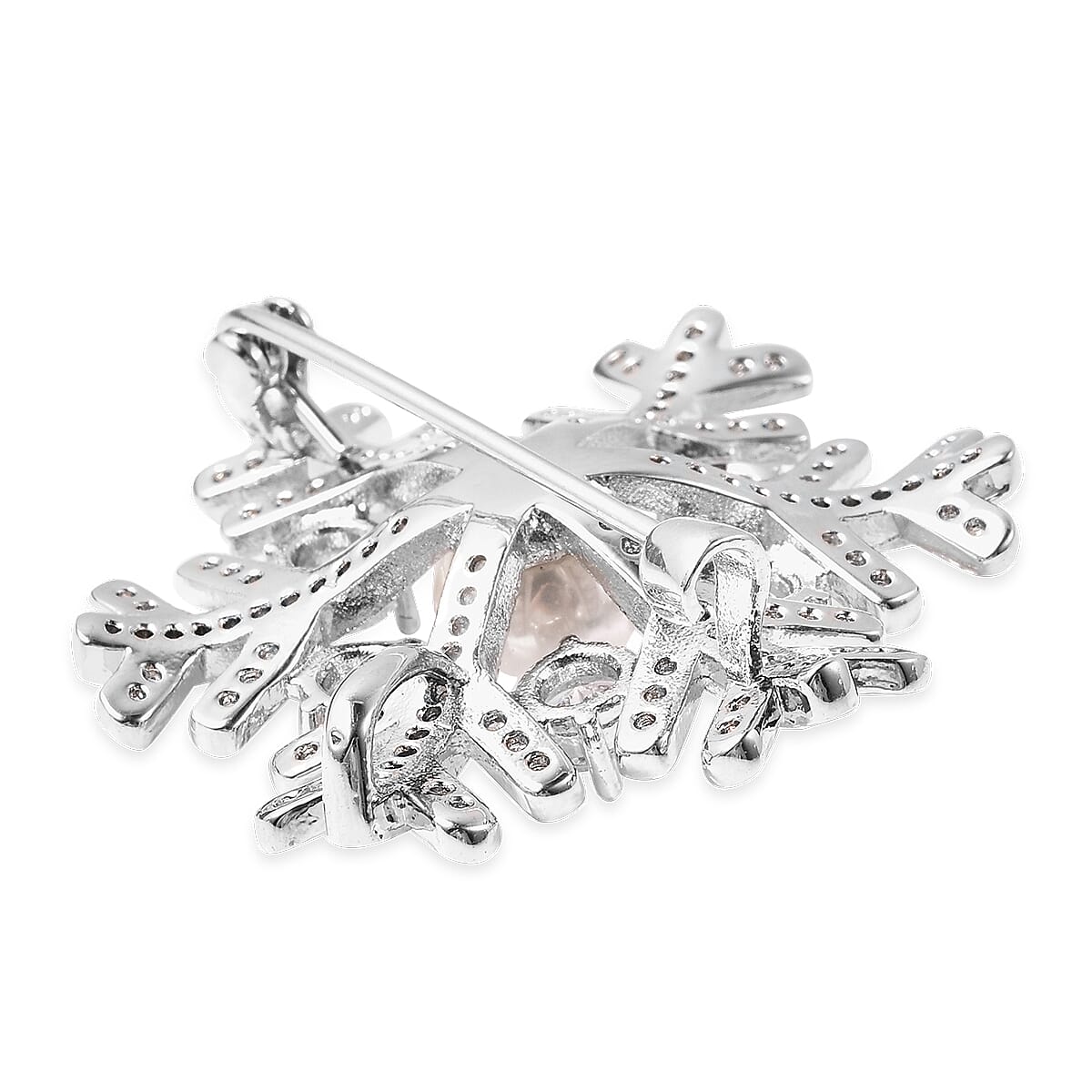 Simulated Diamond and White Shell Pearl Snowflake Brooch in Silver Tone