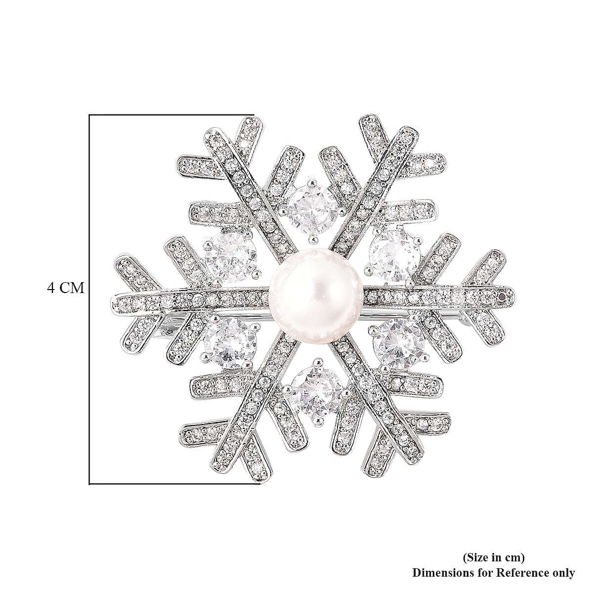 Simulated Diamond and White Shell Pearl Snowflake Brooch in Silver Tone
