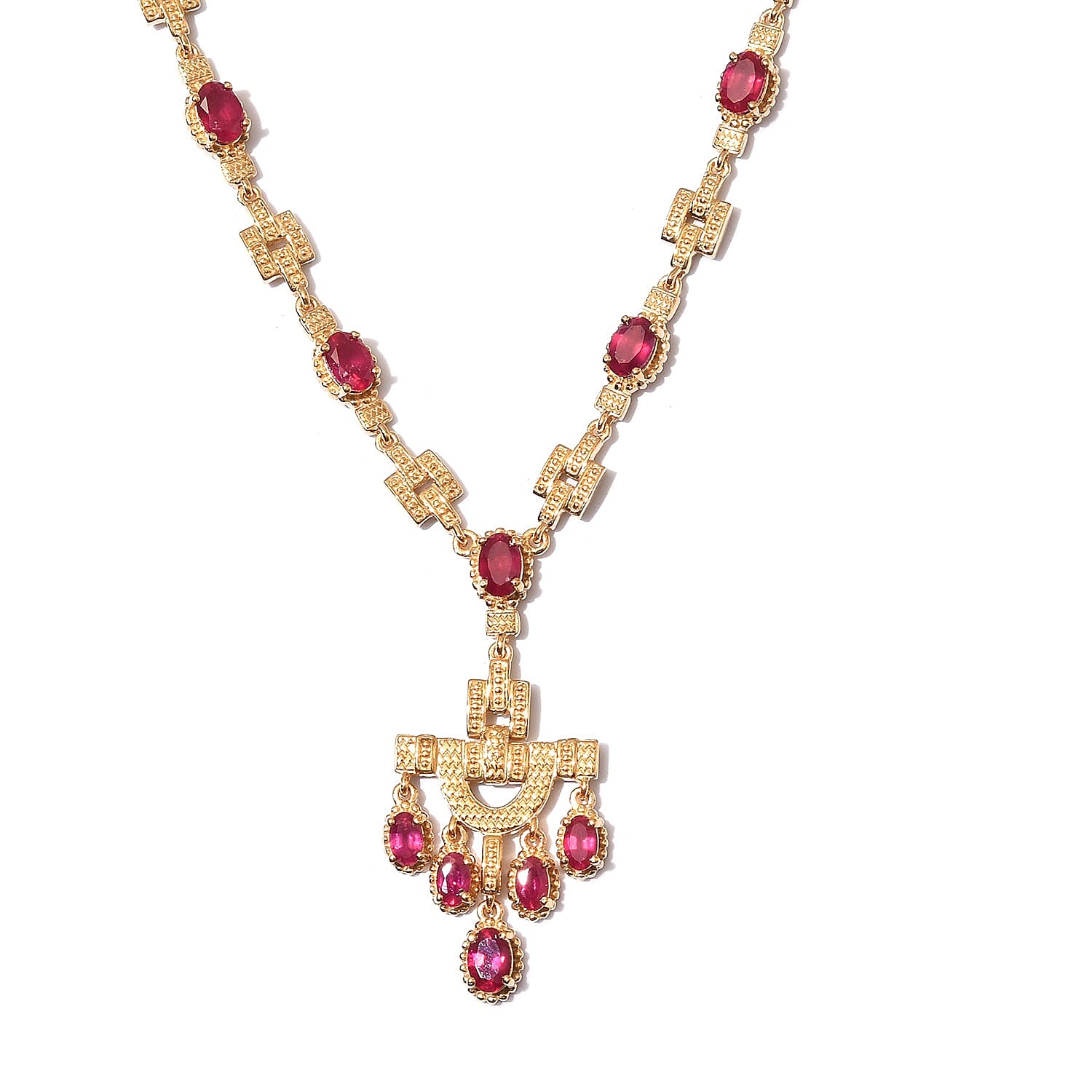 African Ruby (FF) Necklace (Size - 18 with Extender) in 18K Vermeil Yellow Gold Plated Sterling Silver 10.65 Ct, Silver Wt 21.00 Gms