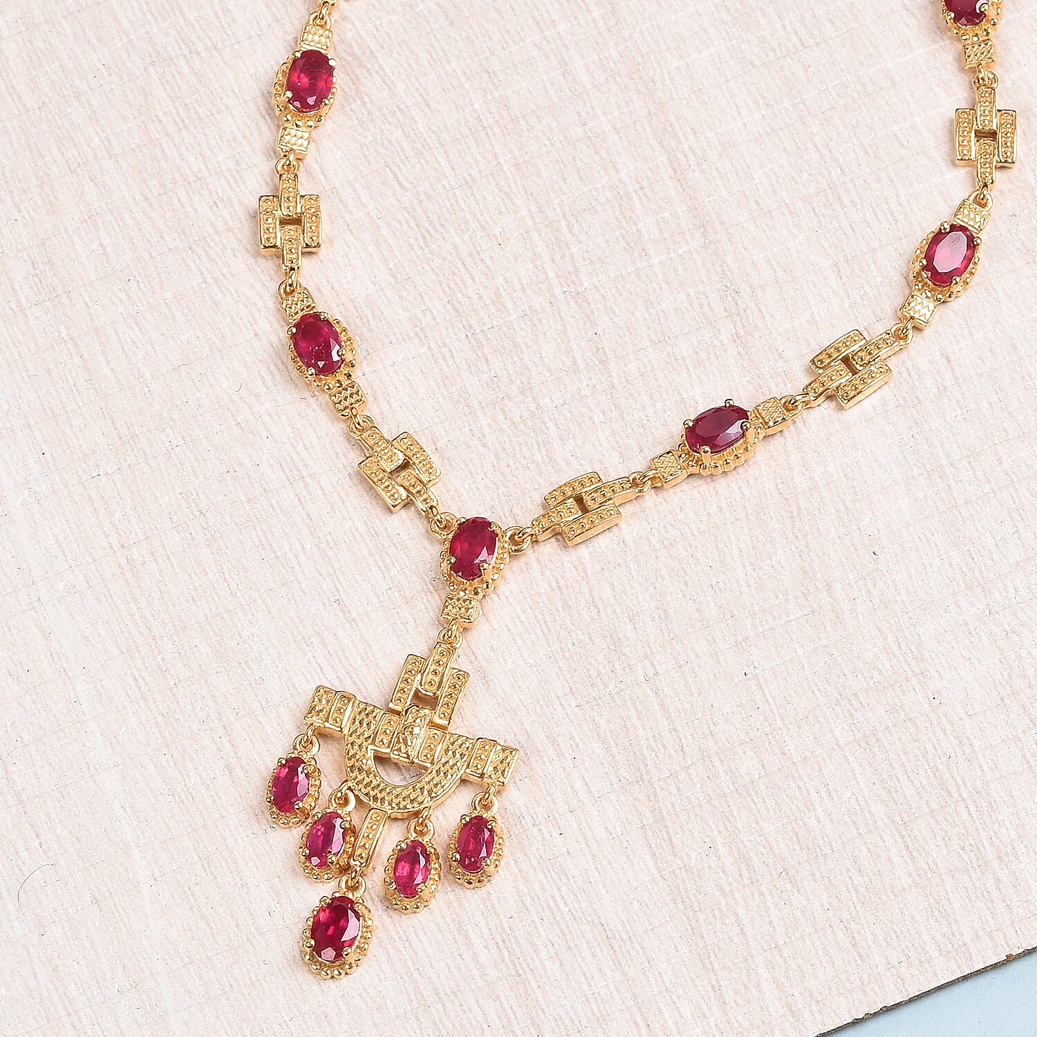 African Ruby (FF) Necklace (Size - 18 with Extender) in 18K Vermeil Yellow Gold Plated Sterling Silver 10.65 Ct, Silver Wt 21.00 Gms