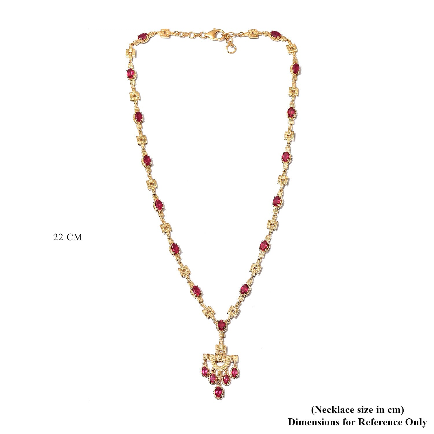 African Ruby (FF) Necklace (Size - 18 with Extender) in 18K Vermeil Yellow Gold Plated Sterling Silver 10.65 Ct, Silver Wt 21.00 Gms