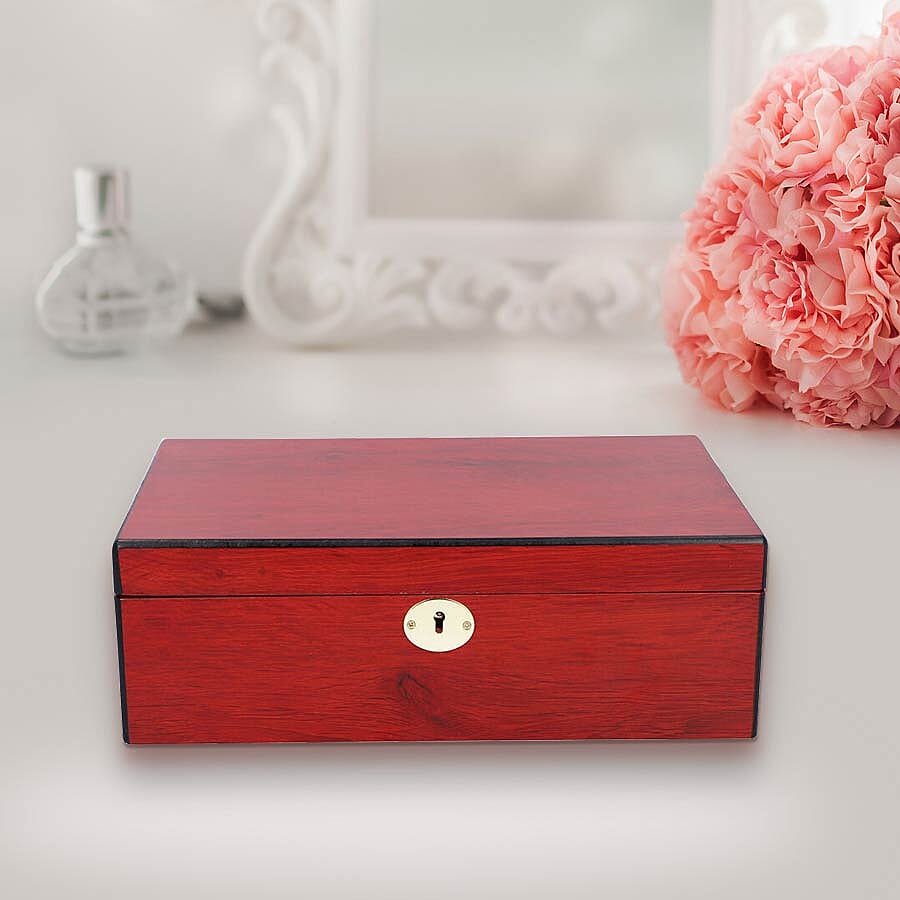 Luxurious Wooden Jewellery Box with Key Lock & Inside Mirror (Size 28x19x10cm) - Dark Brown