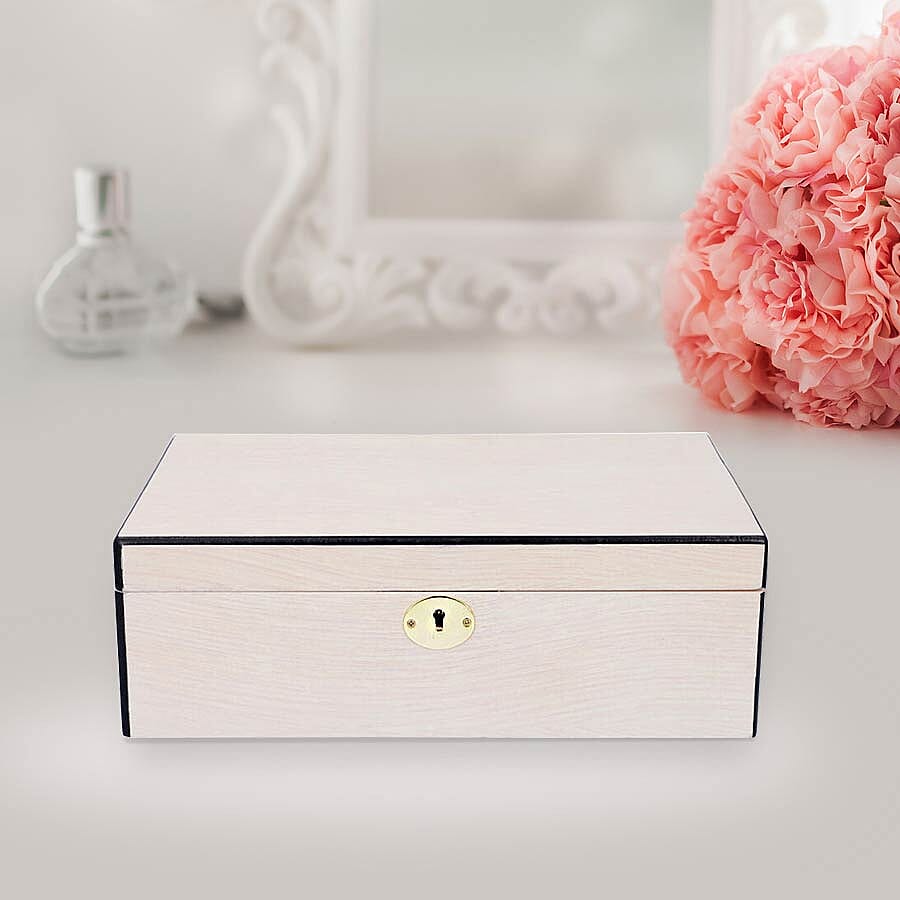 Luxurious Wooden Jewellery Box with Key Lock & Inside Mirror (Size 28x19x10cm) - Off White