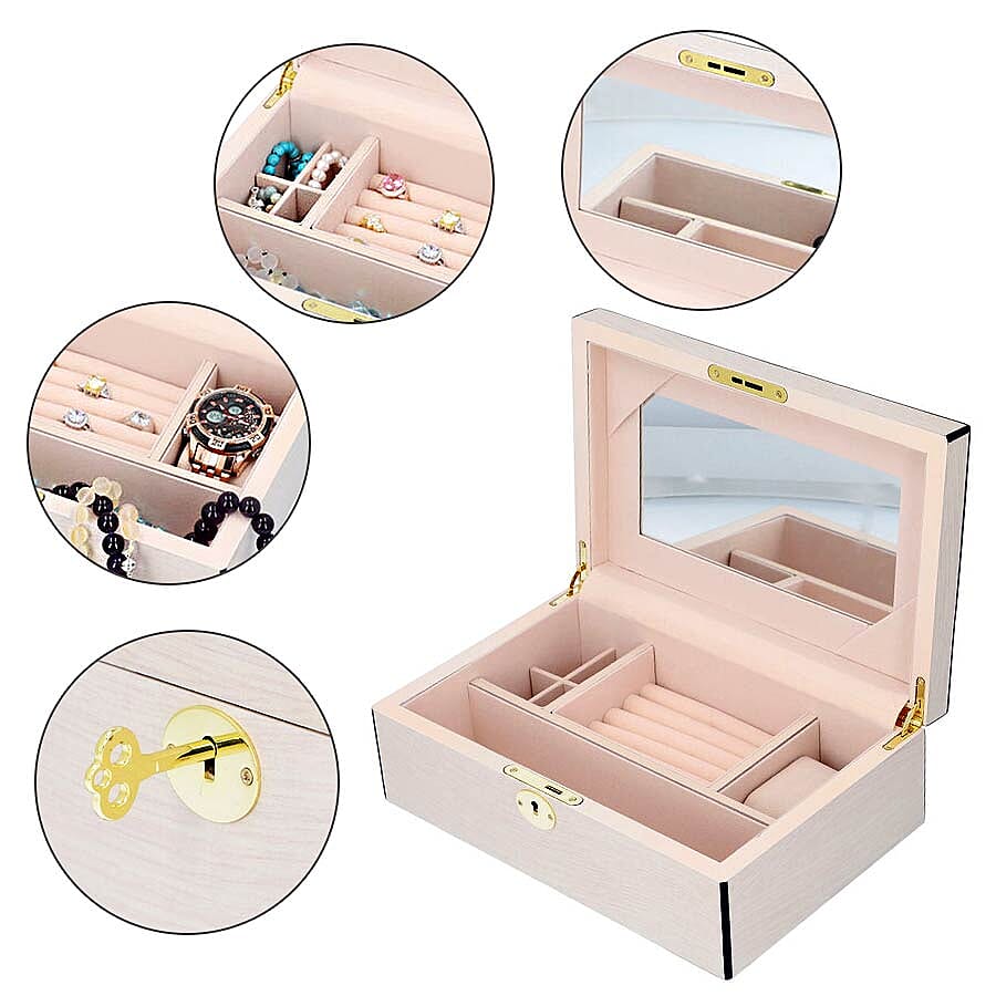Luxurious Wooden Jewellery Box with Key Lock & Inside Mirror (Size 28x19x10cm) - Off White
