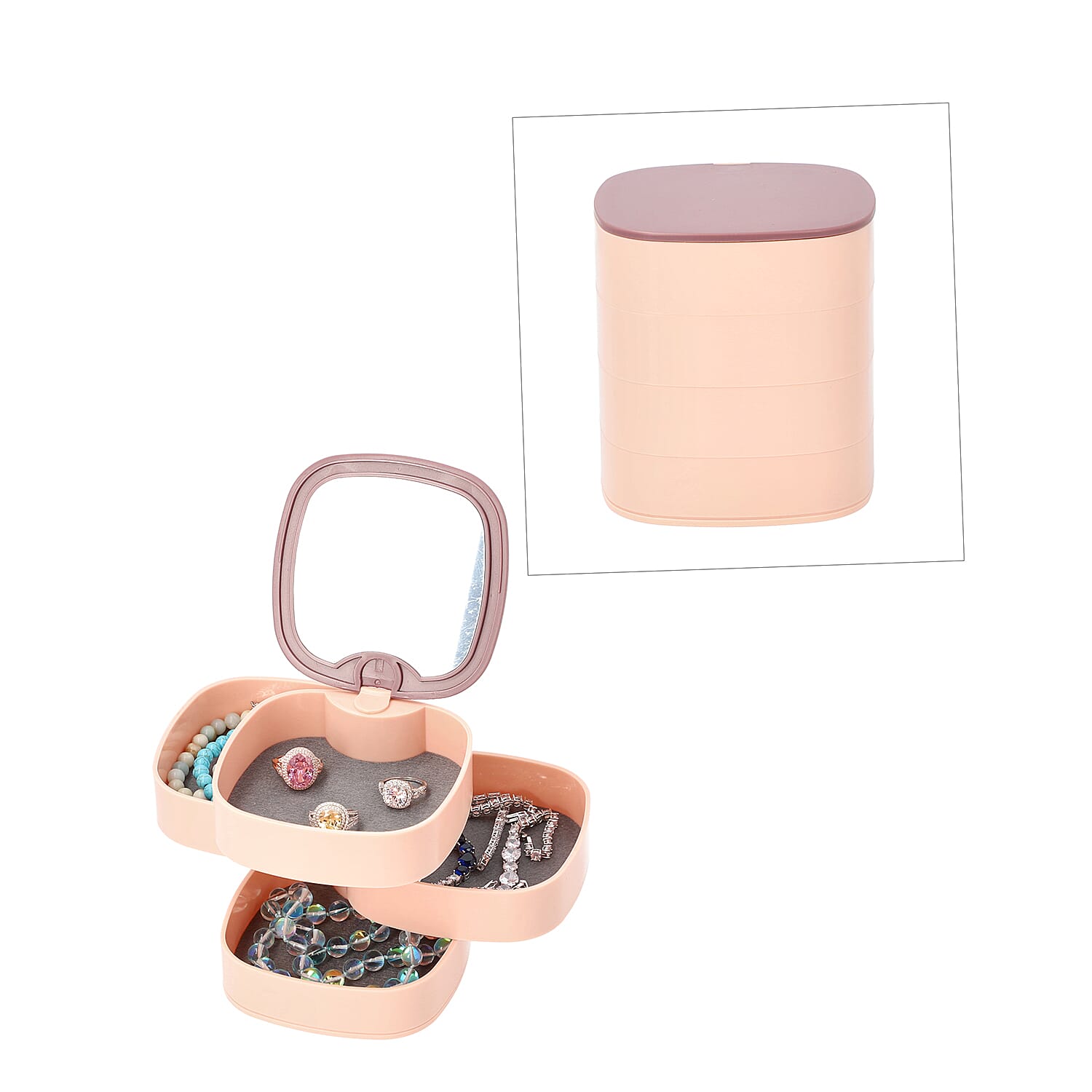 360 Degree Rotatable Four Layer Jewellery Organiser with Mirror (Size 11x12cm) - Dusty Pink and Plum