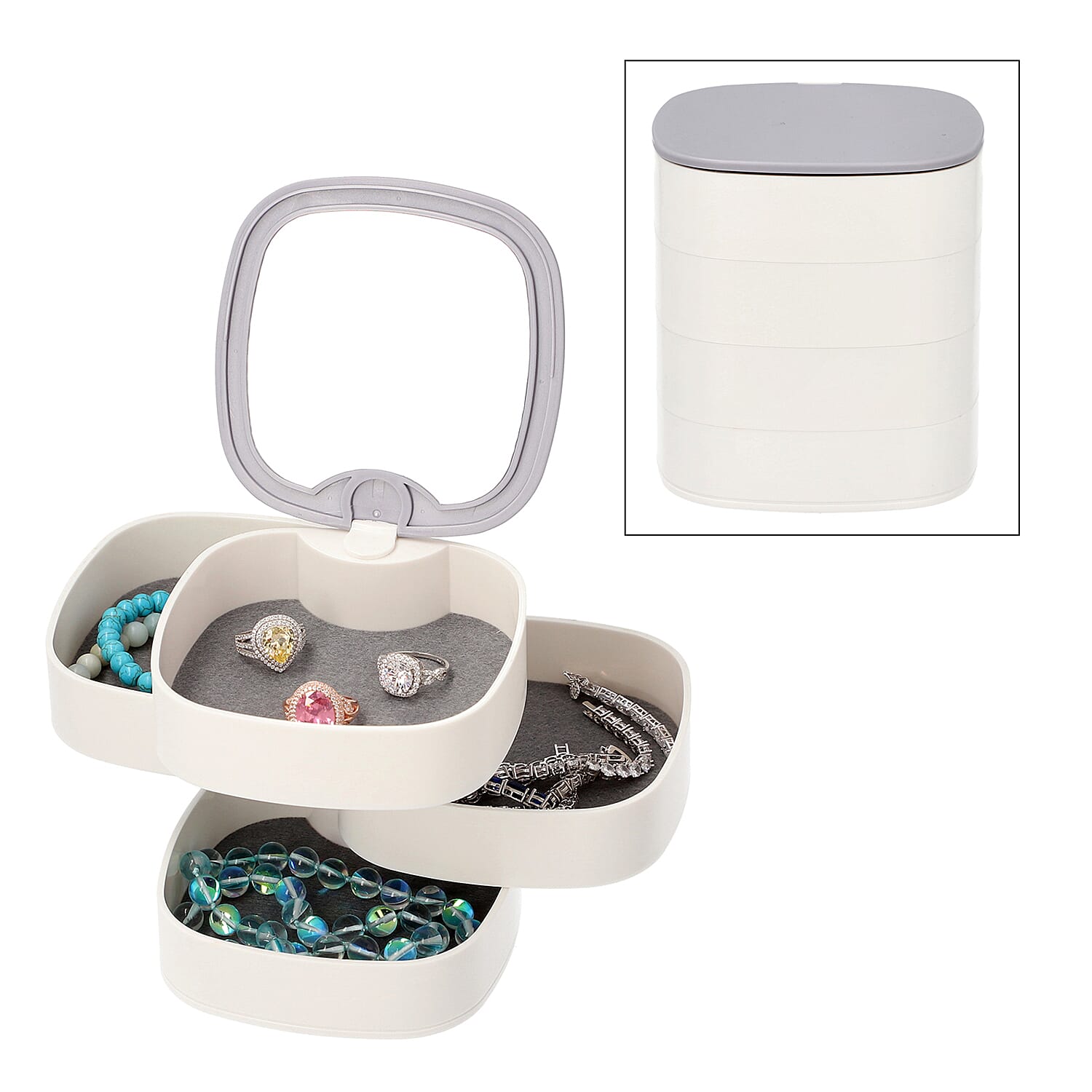 360 Degree Rotatable Four Layer Jewellery Organiser with Mirror (Size 11x12cm) - Grey & White