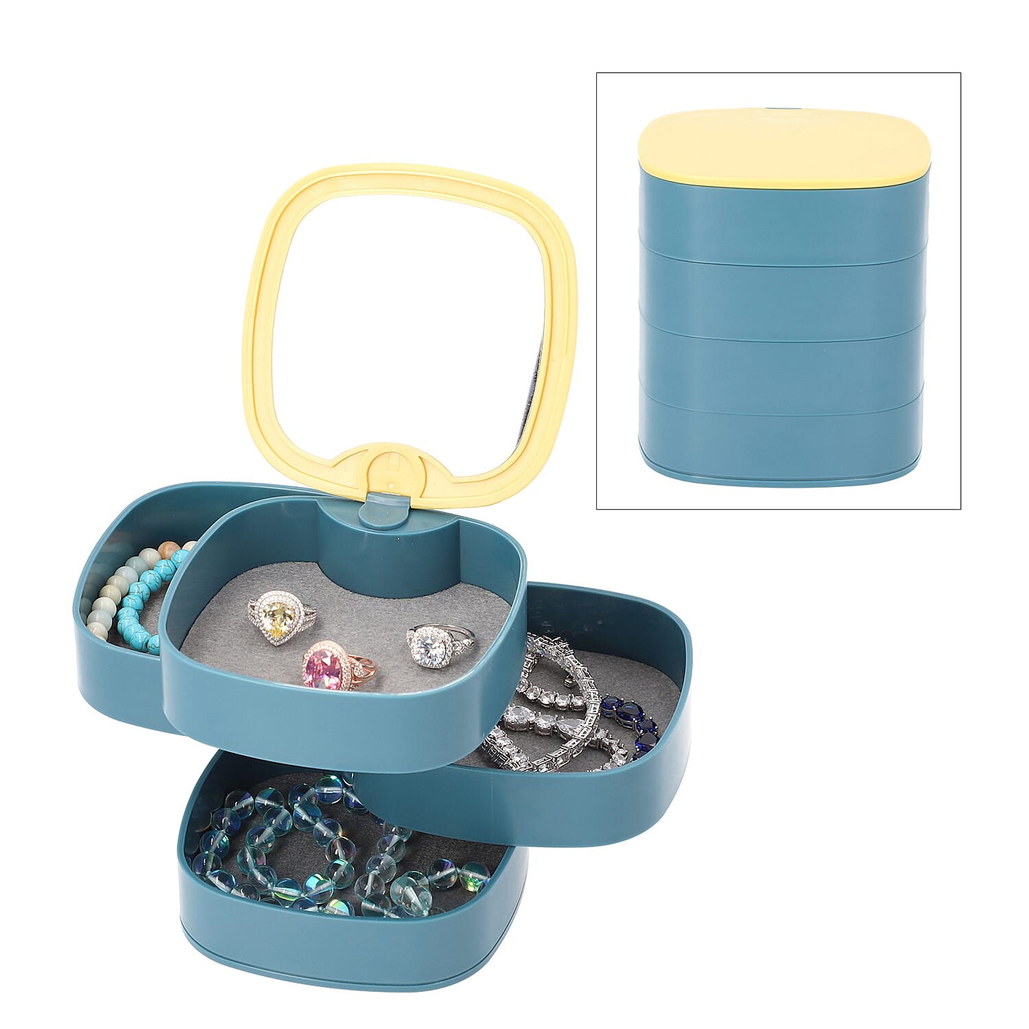 360 Degree Rotatable Four Layer Jewellery Organiser with Mirror (Size 11x12cm) - Blue and Mustard