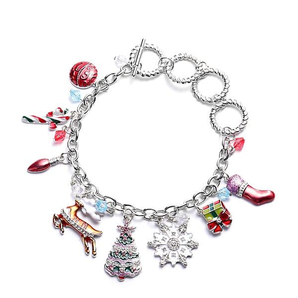 Ag Sterling Red & Pink Cubic Zirconia Holiday Bells Bracelet Charm main image 0