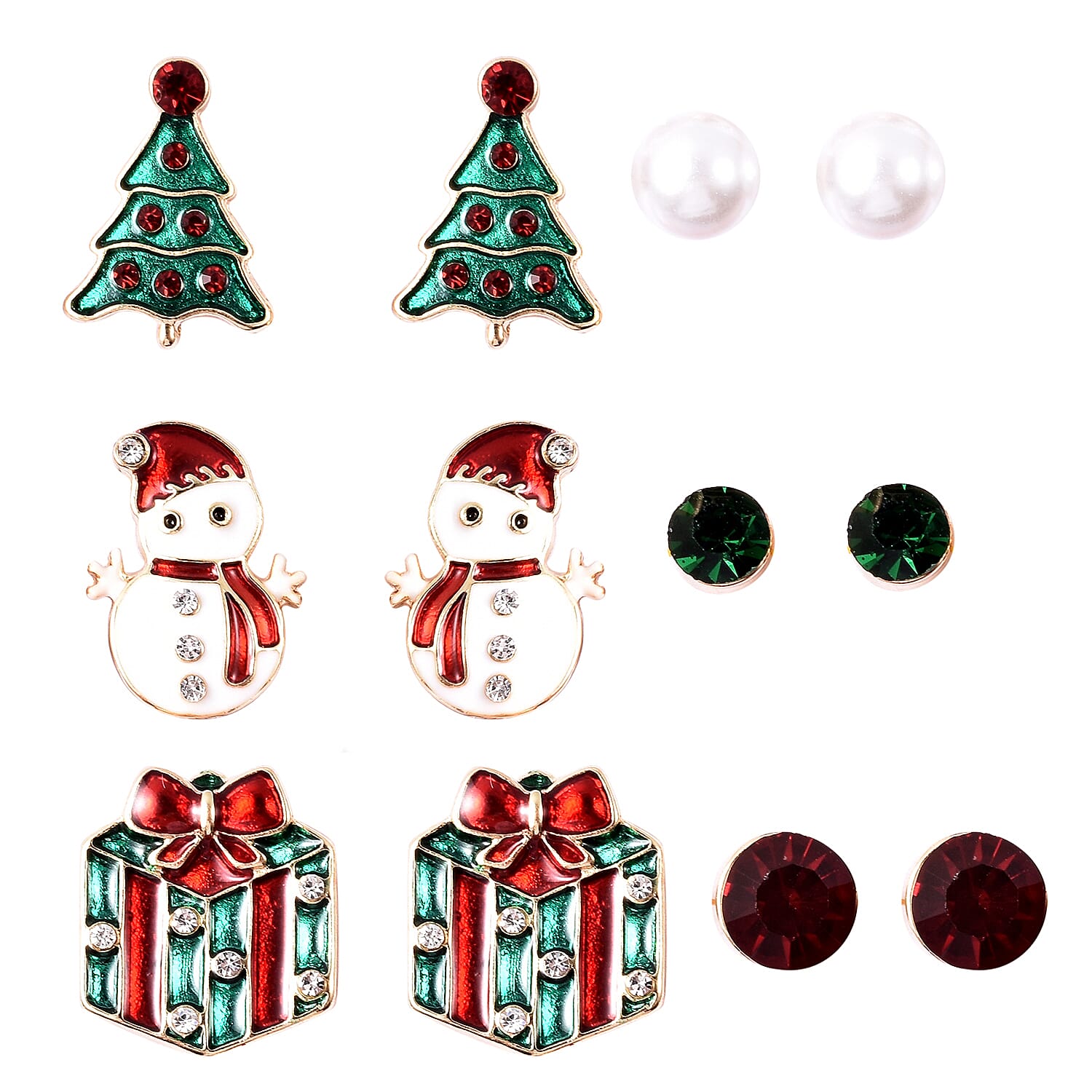 Stocking Filler- Set of 6 - Simulated Pearl, Green, Red and White Austrian Crystal Christmas Theme Enamelled Earrings (with Push Back) in Dual Tone Stainless Steel