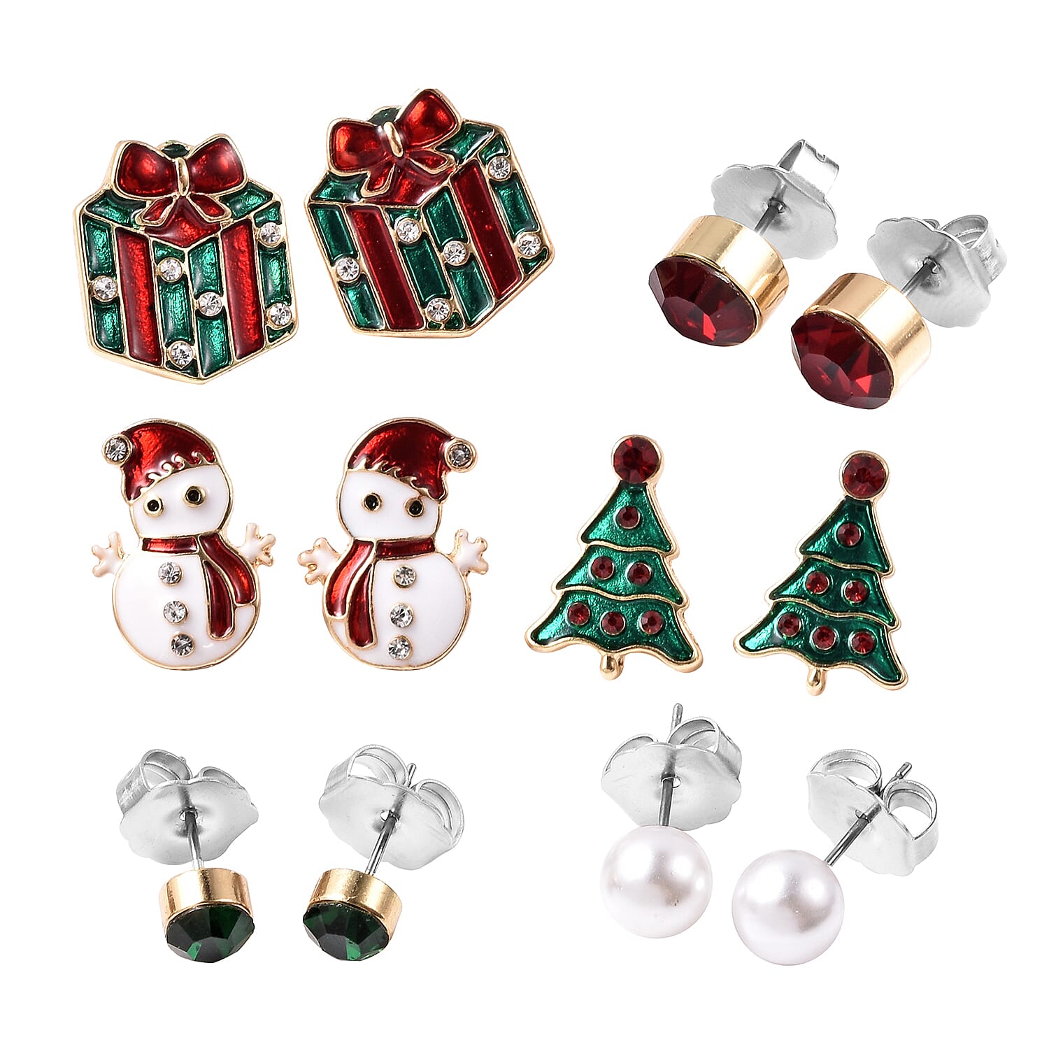Stocking Filler- Set of 6 - Simulated Pearl, Green, Red and White Austrian Crystal Christmas Theme Enamelled Earrings (with Push Back) in Dual Tone Stainless Steel