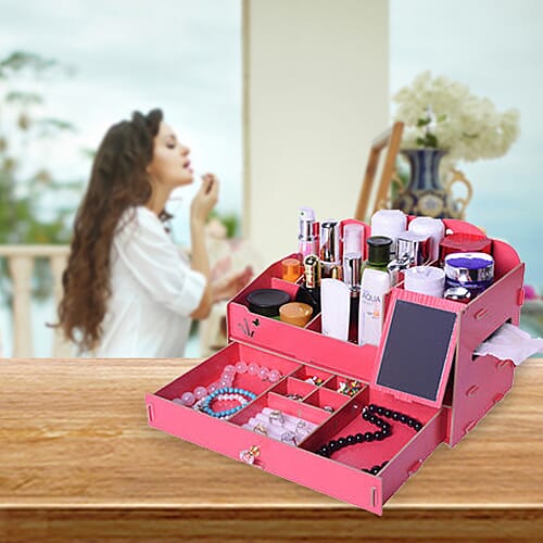 DIY Jewellery and Cosmetic Organiser with Mirror (36x19.5x23cm) - Red