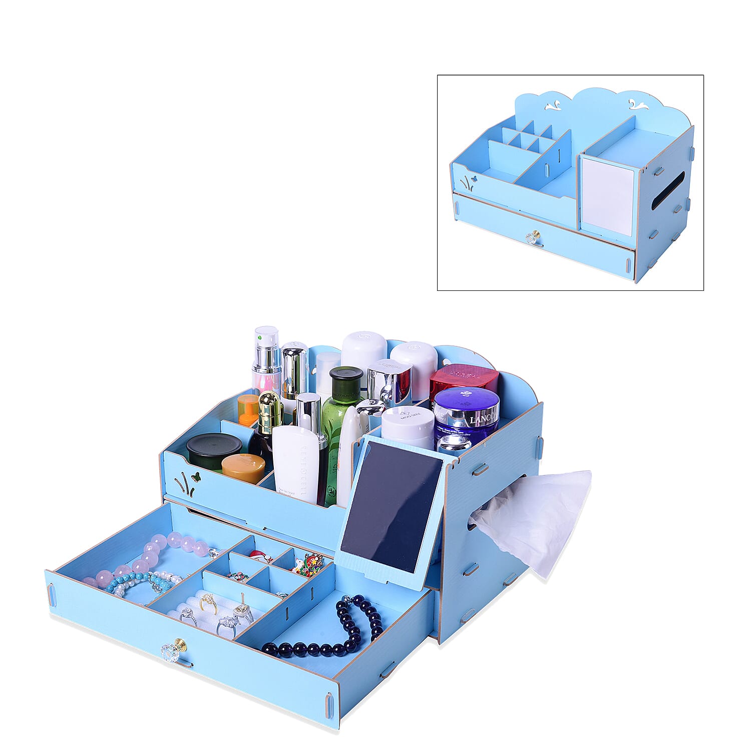 DIY Jewellery and Cosmetic Organiser with Mirror (36x19.5x23cm) - Light Blue