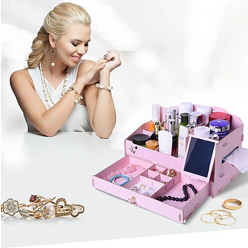 DIY Jewellery and Cosmetic Organiser with Mirror (36x19.5x23cm) - Light Pink