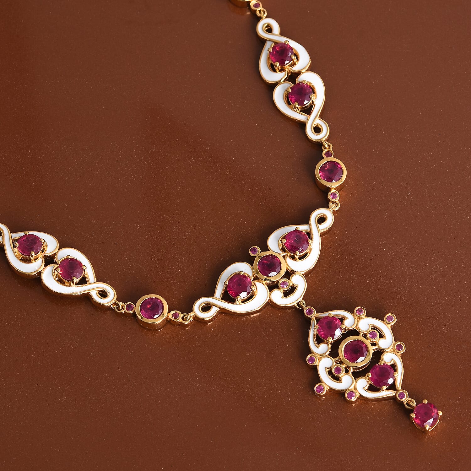 Designer Inspired African Ruby (FF) Enamelled Necklace (Size 18) in 14K Gold Overlay Sterling Silver 15.75 Ct, Silver wt. 25.35 Gms